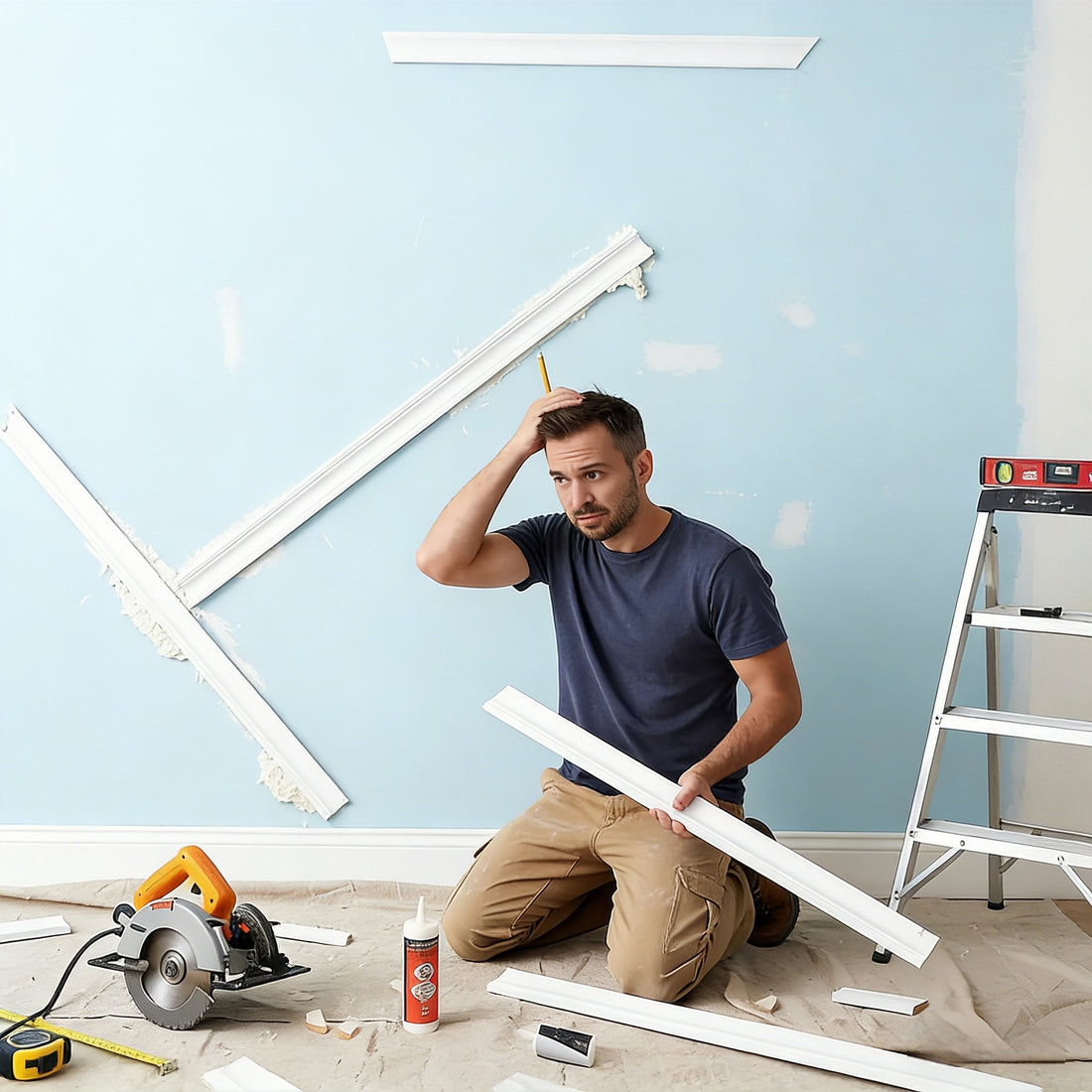 Kneeling man looks frustrated while attempting wall molding installation.
