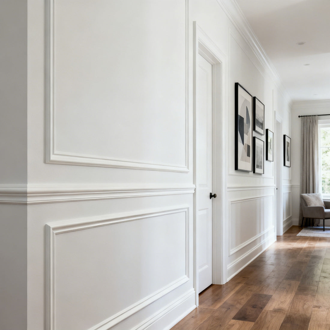 Crisp white wall molding kit transforms hallway into a sleek, refined space.