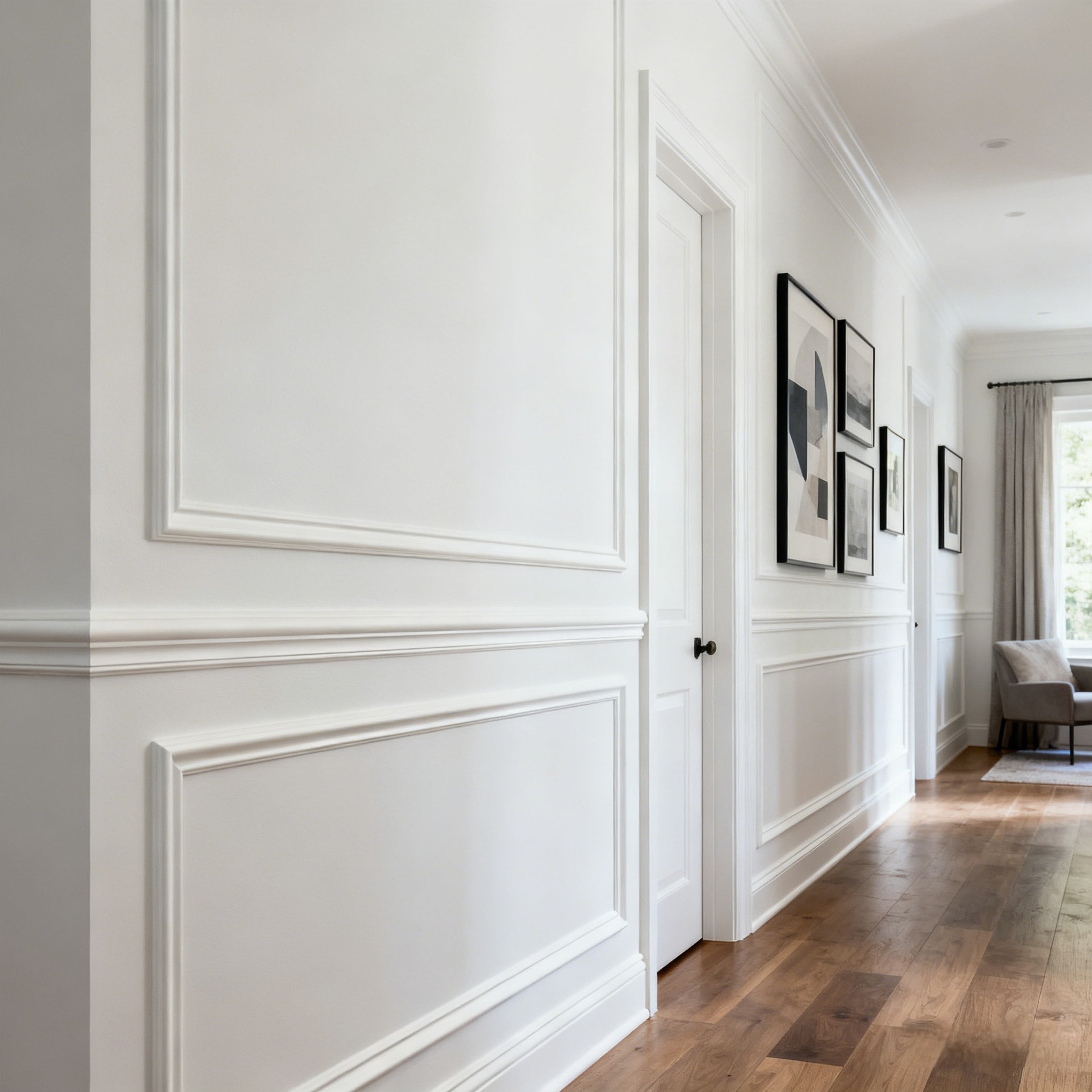 Crisp white wall molding kit transforms hallway into a sleek, refined space.