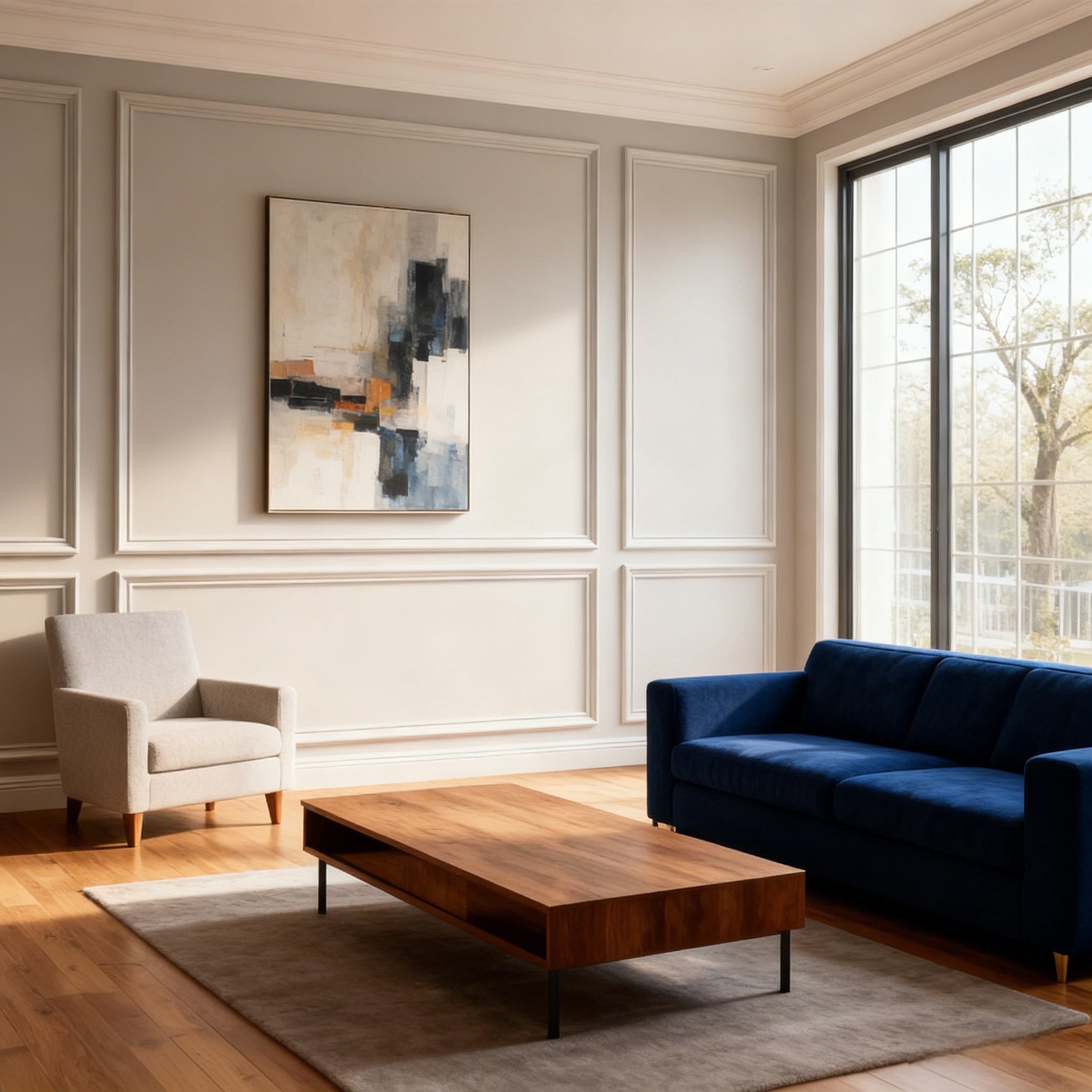 White wall molding kit boosts a modern living room’s elegant vibe.