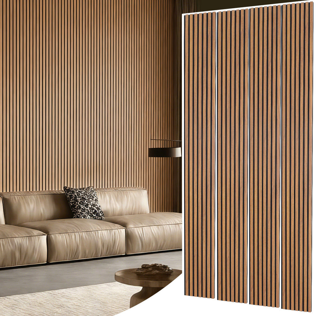 Acoustic Wood Slat Wall Panels, 4-Pack Walnut Finish, Noise Reduction for Home Office Studio