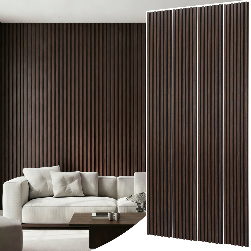 Dark Walnut Acoustic Wood Slat Wall Panels, 3D Fluted Sound Absorbing Panels for Home Theater Office
