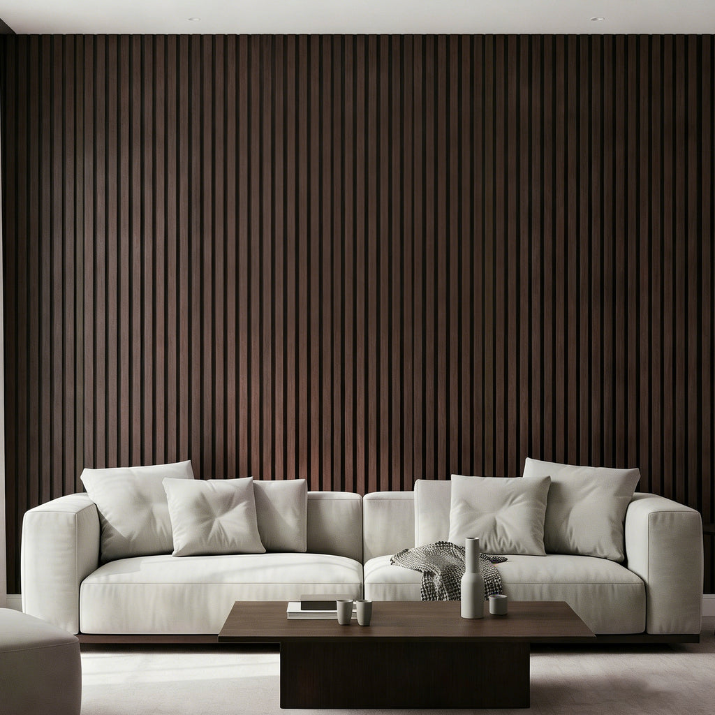 Dark Walnut Acoustic Wood Slat Wall Panels, 3D Fluted Sound Absorbing Panels for Home Theater Office