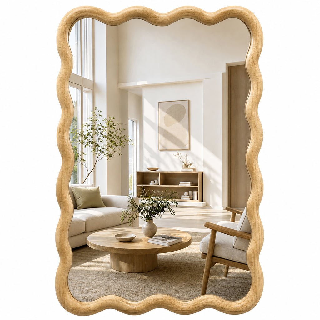 Natural Wood 20" x 30" Wavy Rectangle Solid Wood Wall Mirror for Bathroom, Bedroom & Entryway