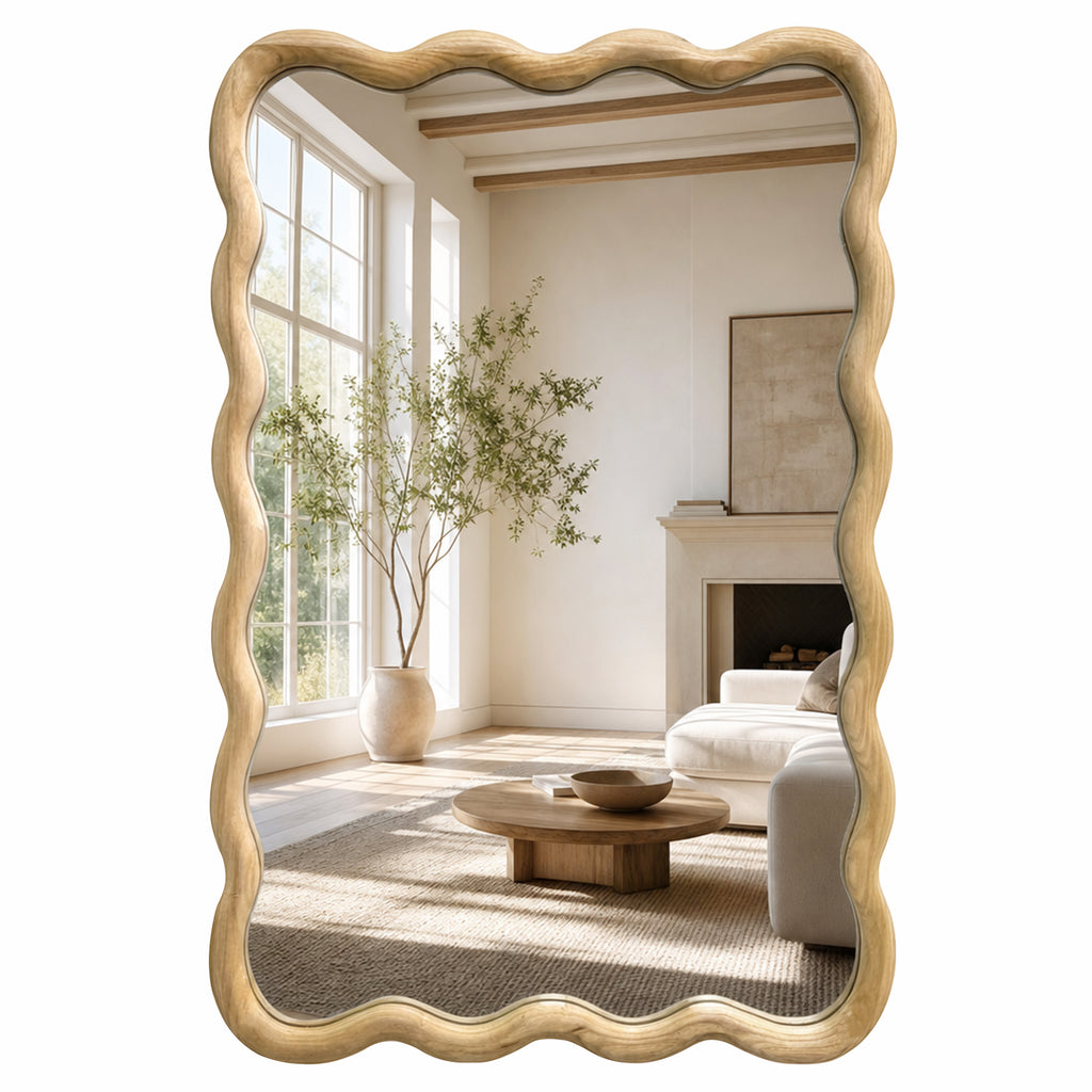 24"x36" Wavy Rectangle Solid Wood Frame Decorative Mirror - Natural Oak