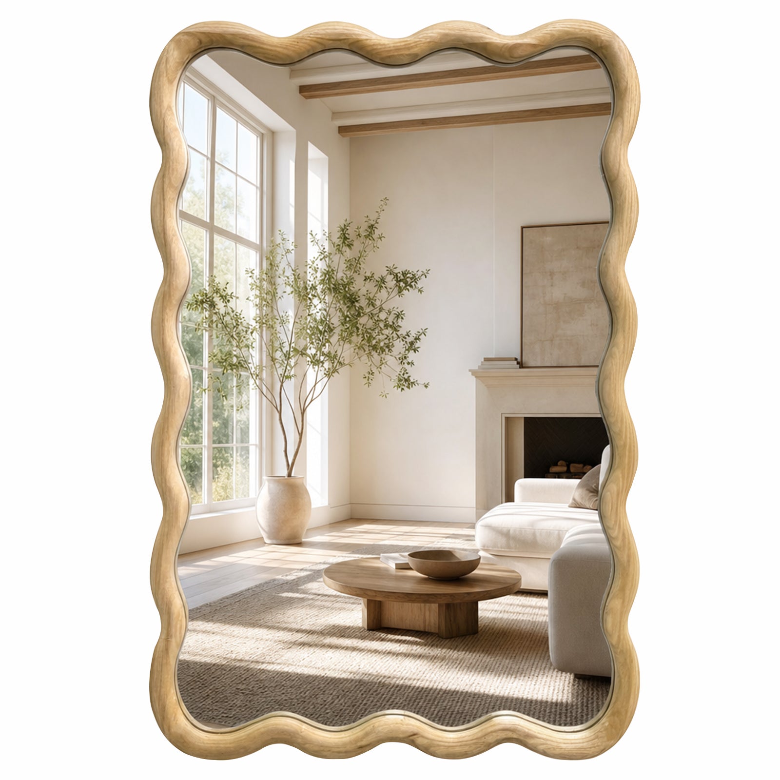 24"x36" Wavy Rectangle Solid Wood Frame Decorative Mirror - Natural Oak