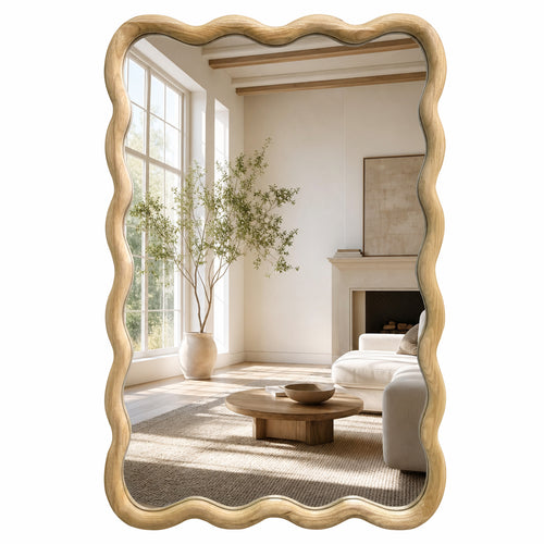 24"x36" Wavy Rectangle Solid Wood Frame Decorative Mirror - Natural Oak