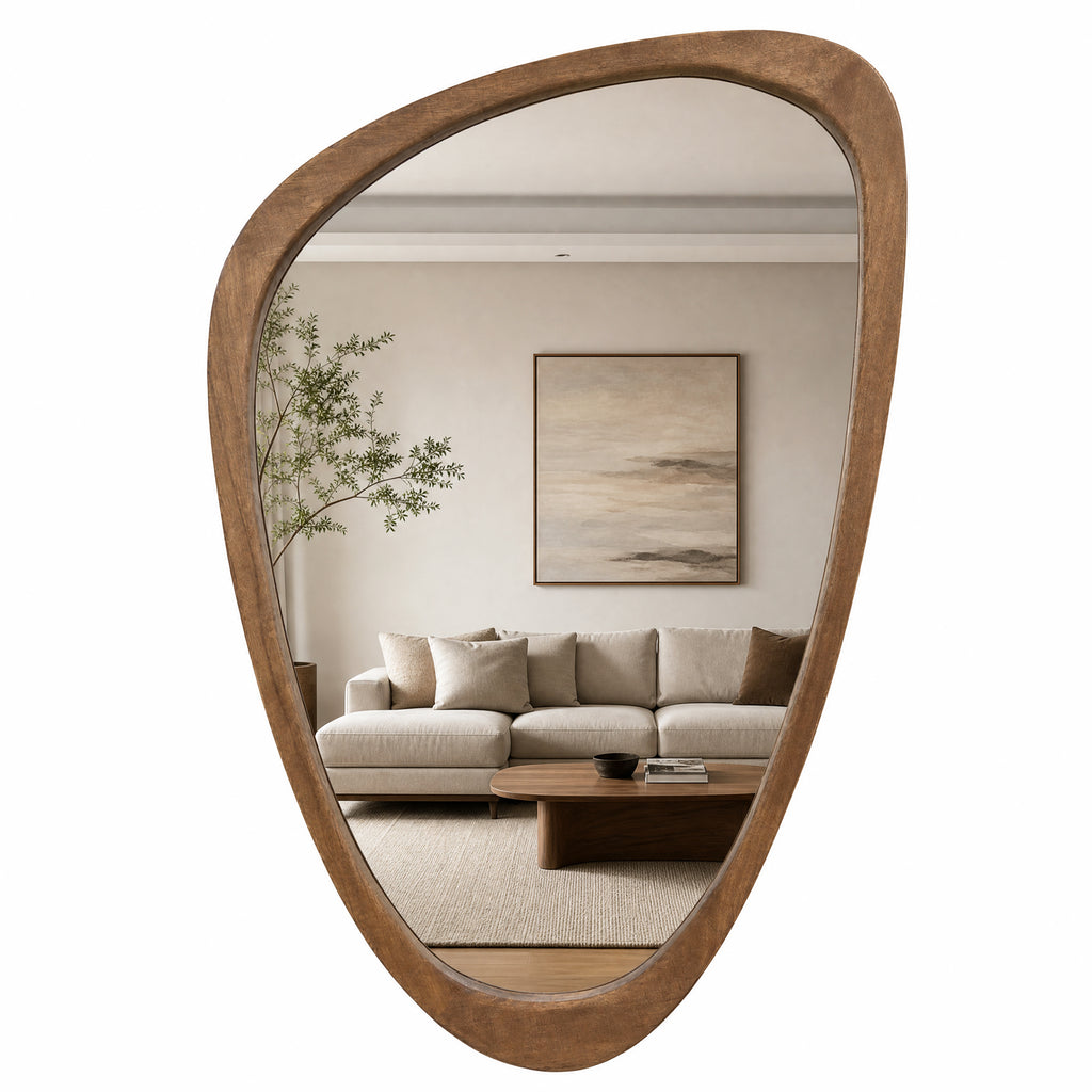 Irregular Solid Wood Wall Mirror, Asymmetrical Mid Century Modern Decorative Mirror for Entryway, Bedroom, Bathroom Vanity