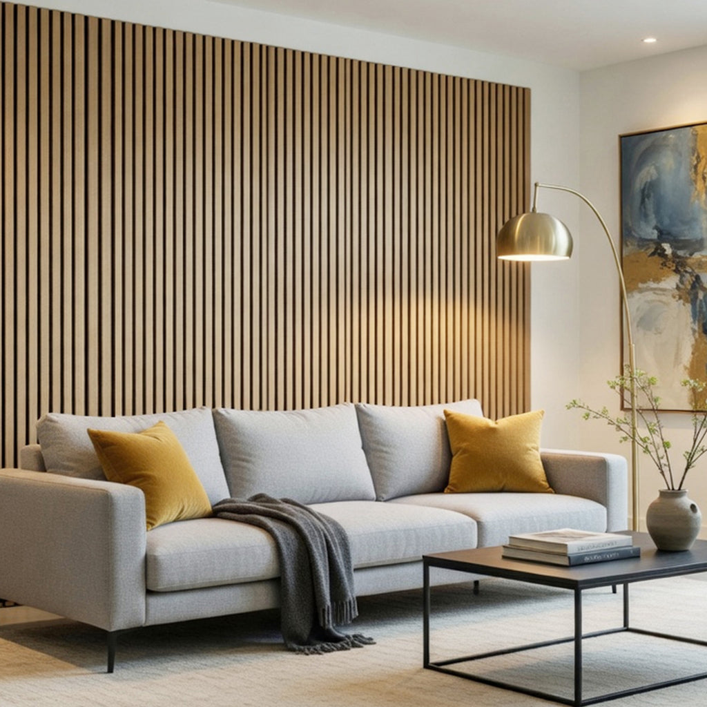 Oak Acoustic Slat Wood Wall Panels, 4-Pack 47.2” x 23.6”, Sound Absorbing Decorative Panels for Home Office Studio