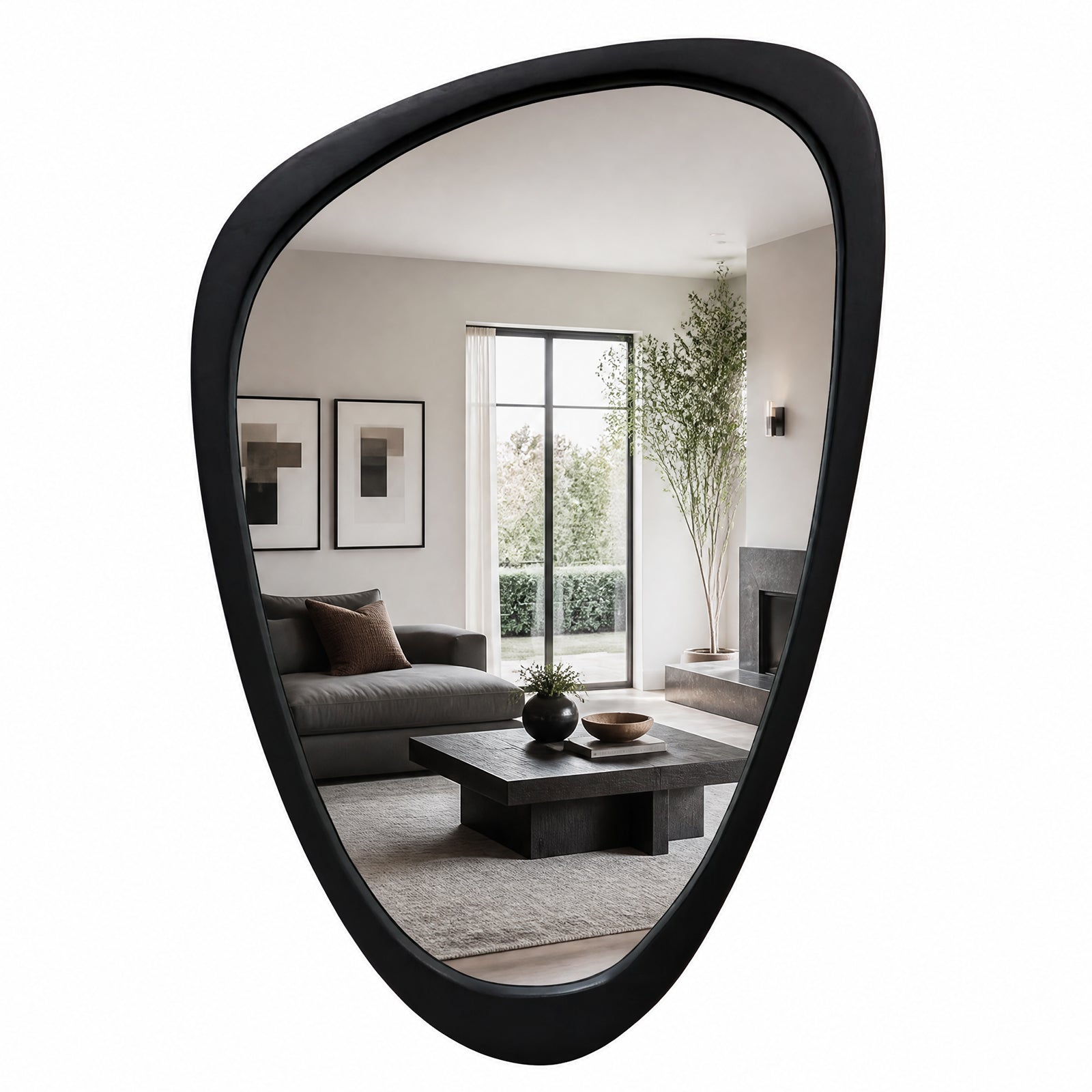 Mid-Century Modern Irregular Wall Mirror, Organic Asymmetrical Pebble Mirror with Black Solid Wood Frame (24" x 36")
