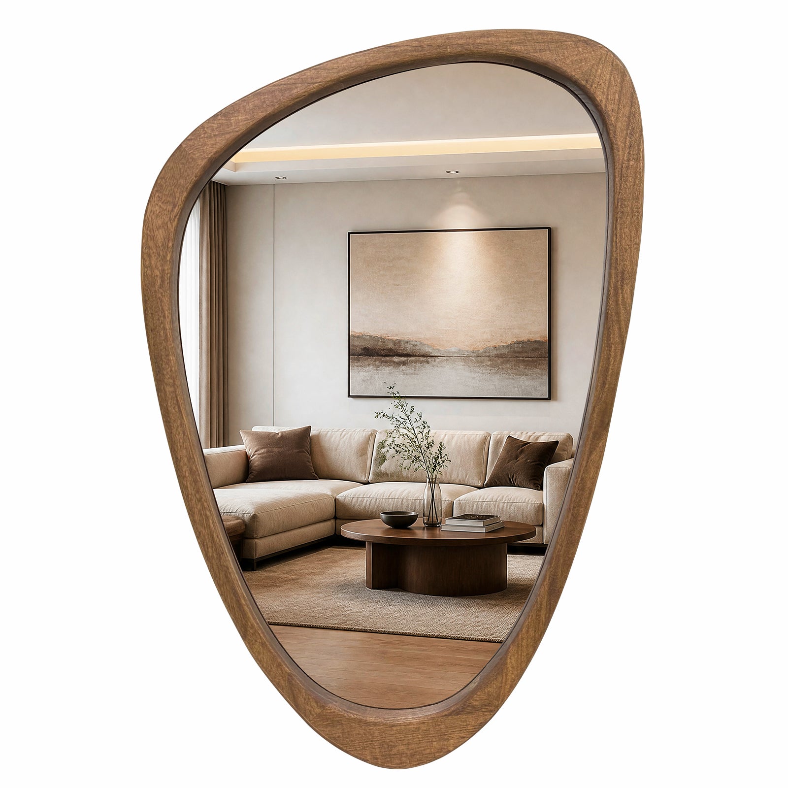 Organic Asymmetrical Solid Wood Wall Mirror in Warm Walnut Finish (30" x 20")