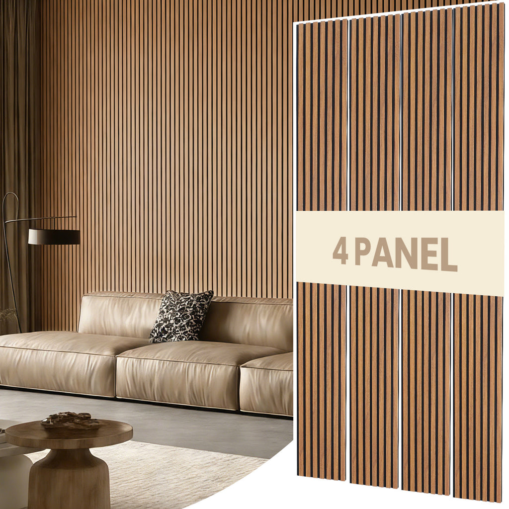 Acoustic Wood Slat Wall Panels, 4-Pack Walnut Finish, Noise Reduction for Home Office Studio