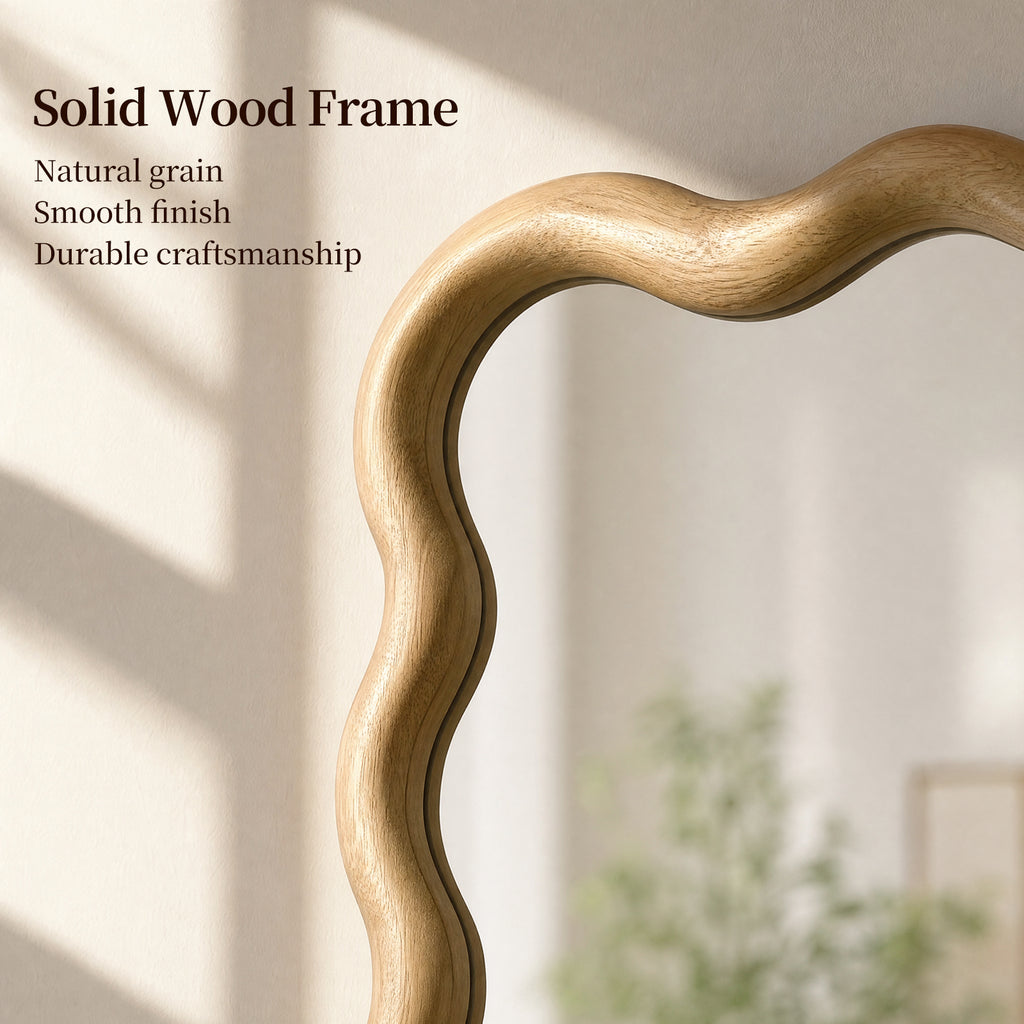 Natural Wood 20" x 30" Wavy Rectangle Solid Wood Wall Mirror for Bathroom, Bedroom & Entryway