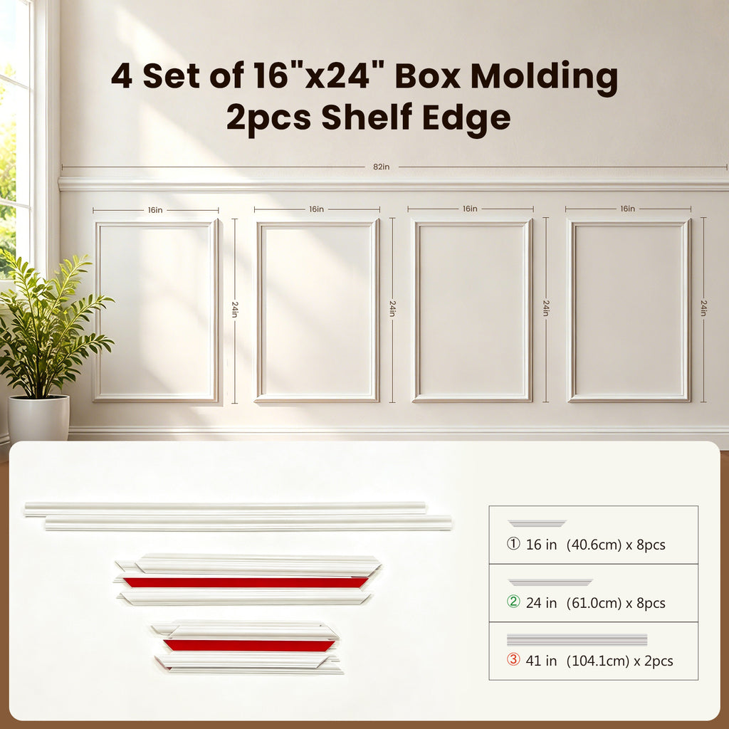 Pre-Cut Peel and Stick Wainscoting Kit, 4 Sets 16x24 Wall Molding Frames, 2 Chair Rail Trims