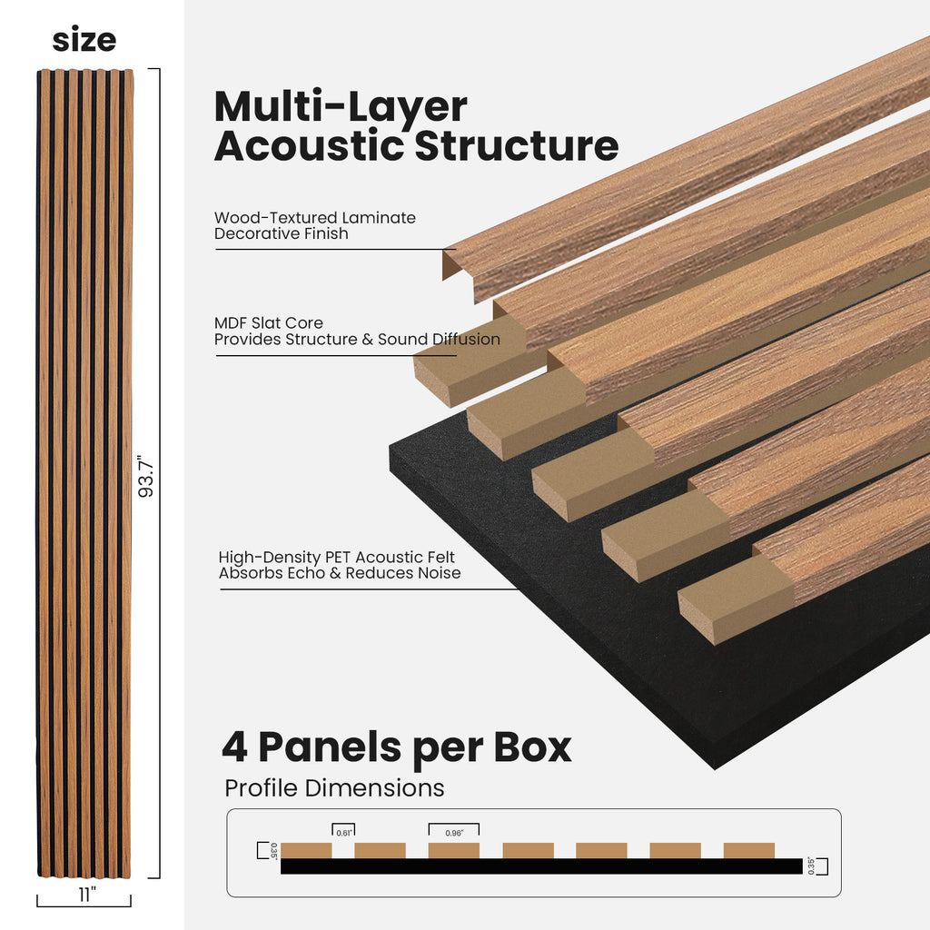 Acoustic Wood Slat Wall Panels, 4-Pack Walnut Finish, Noise Reduction for Home Office Studio