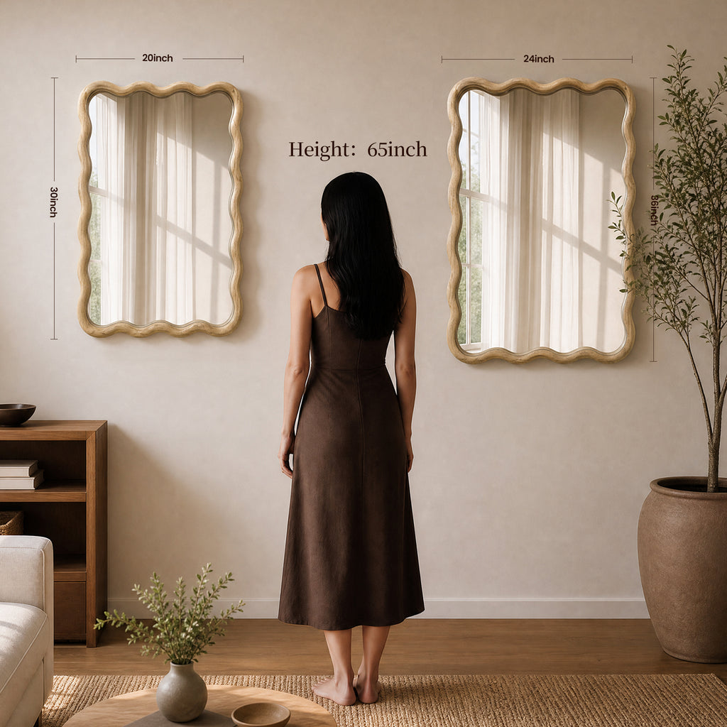 24"x36" Wavy Rectangle Solid Wood Frame Decorative Mirror - Natural Oak