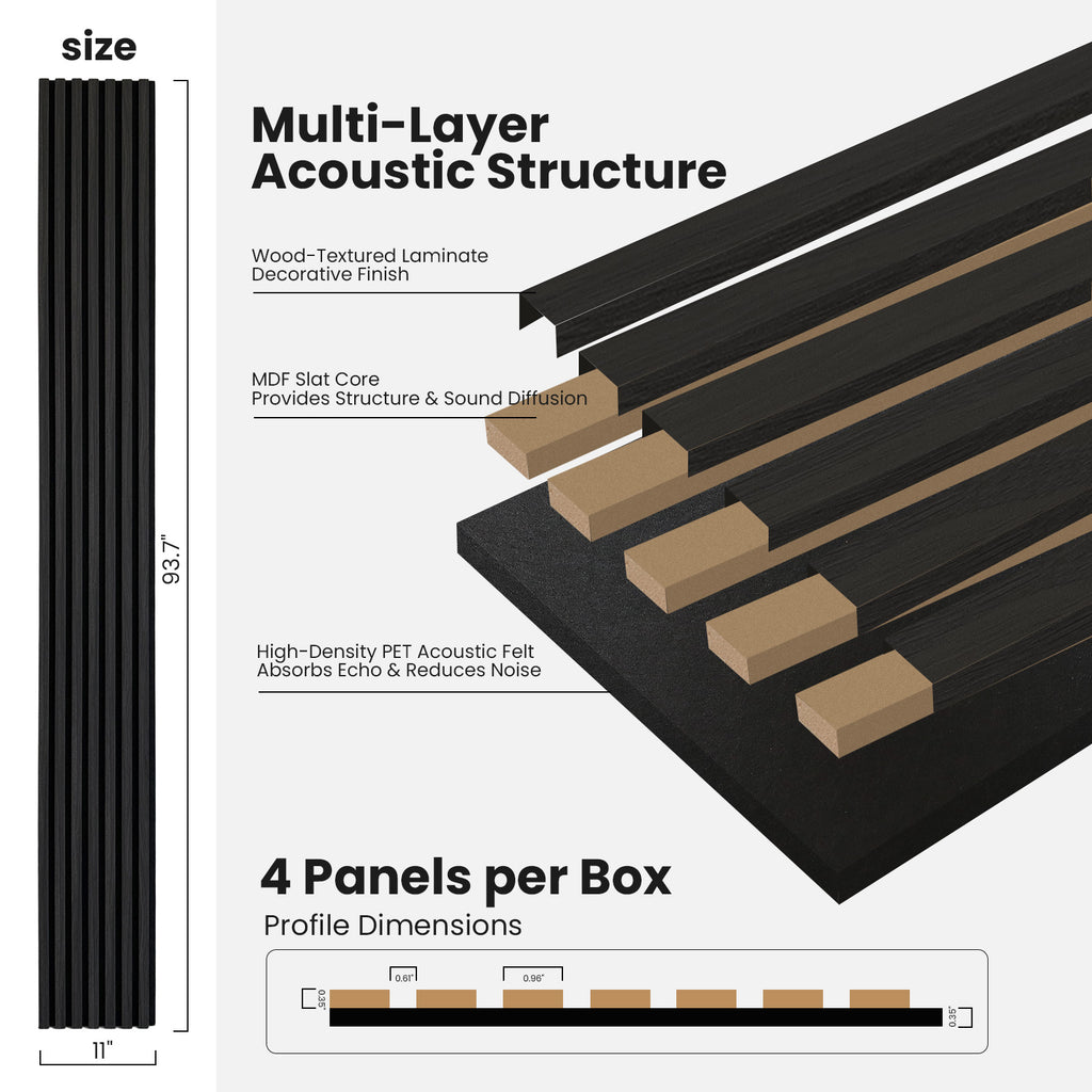3D Fluted Wood Slat Acoustic Panels, 4-Pack Wall Ceiling Sound Absorbing Panels
