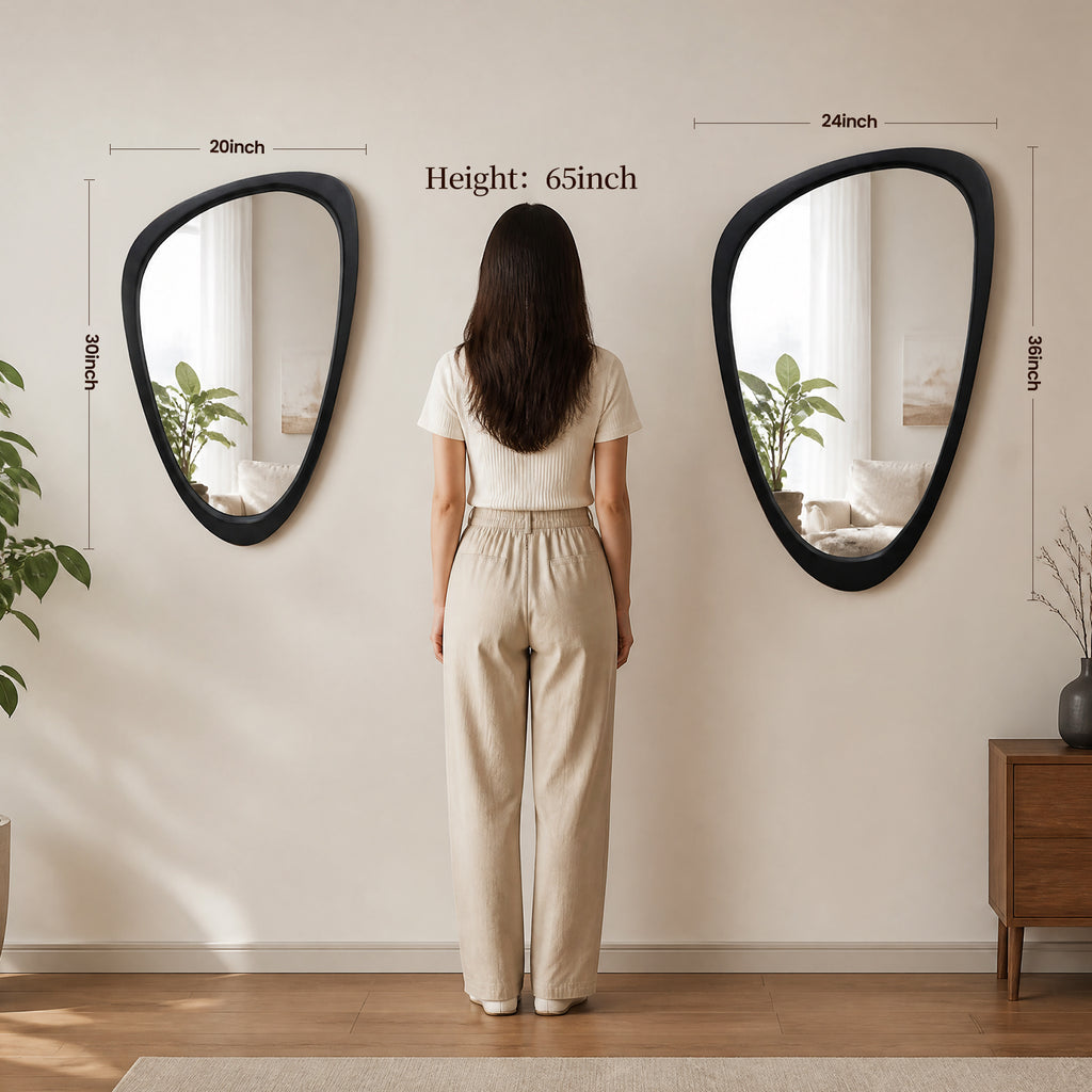 Mid-Century Modern Irregular Wall Mirror, Organic Asymmetrical Pebble Mirror with Black Solid Wood Frame (24" x 36")