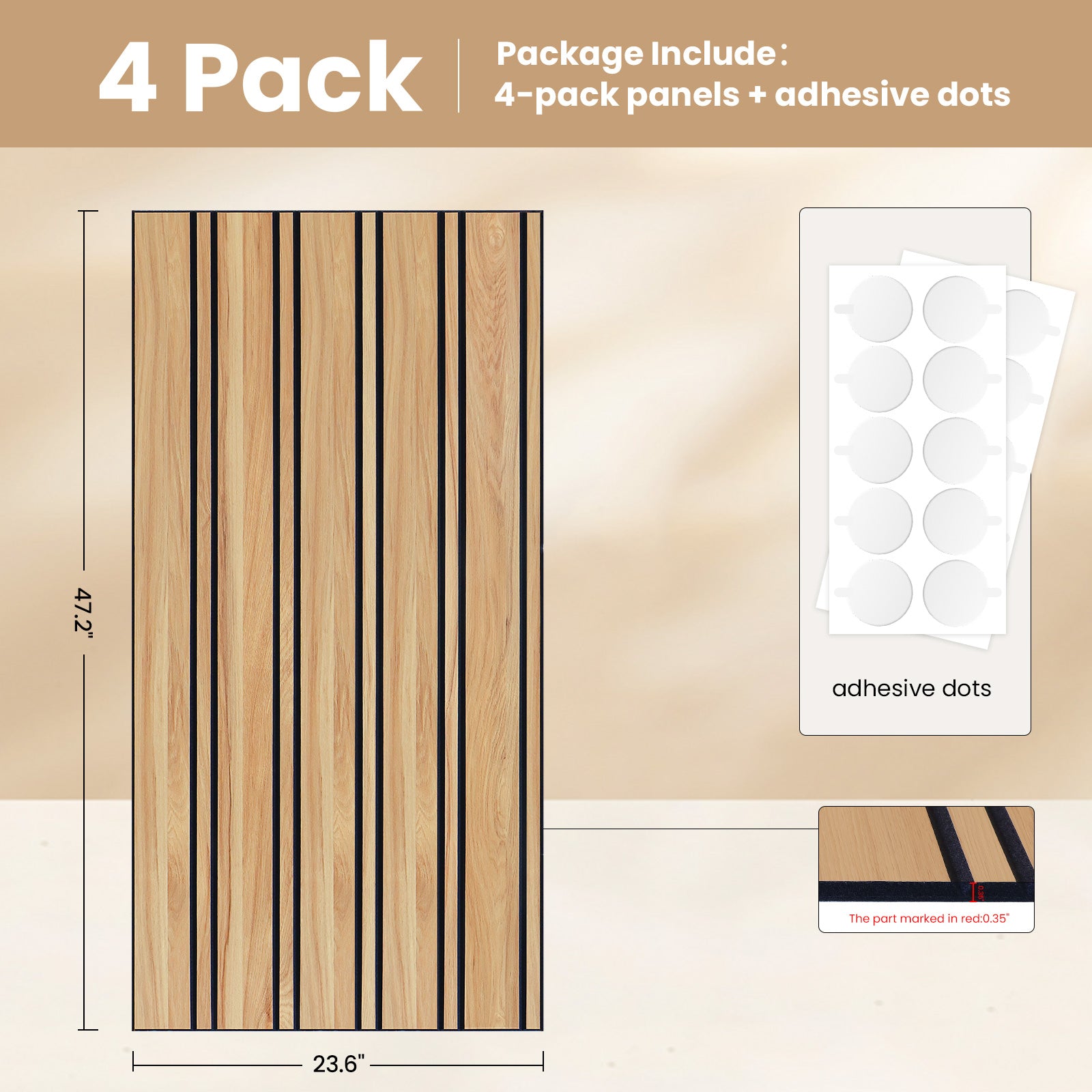 4 Pack 3D Fluted Acoustic Wall Panels, Natural Wood Grain Soundproof Wall Decor, 47.2" x 23.6"