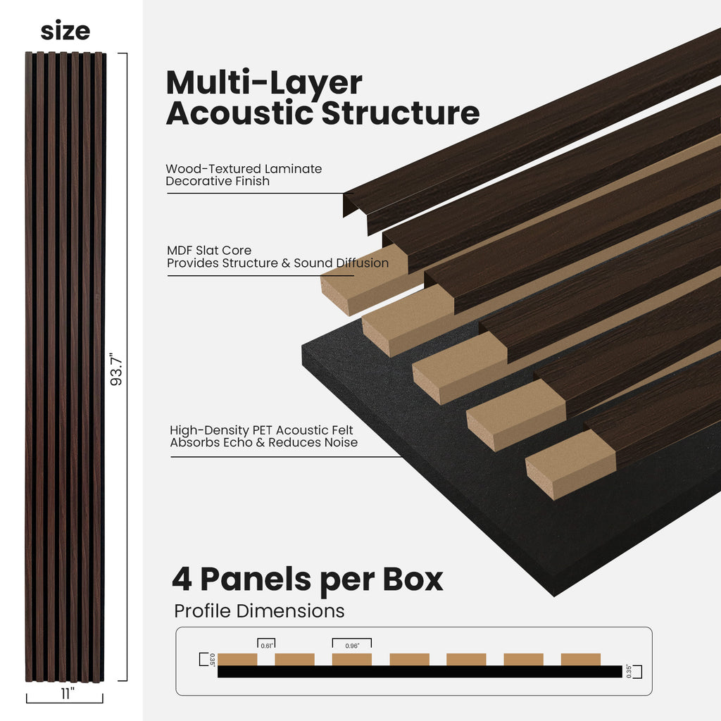 Dark Walnut Acoustic Wood Slat Wall Panels, 3D Fluted Sound Absorbing Panels for Home Theater Office