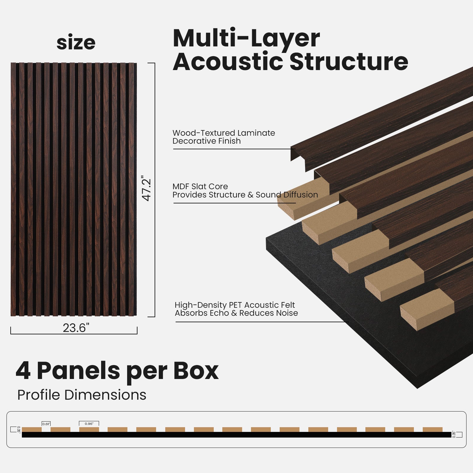 4 Pack Dark Walnut Acoustic Wall Panels 47.2"x23.6" Sound Absorbing Wall Decor