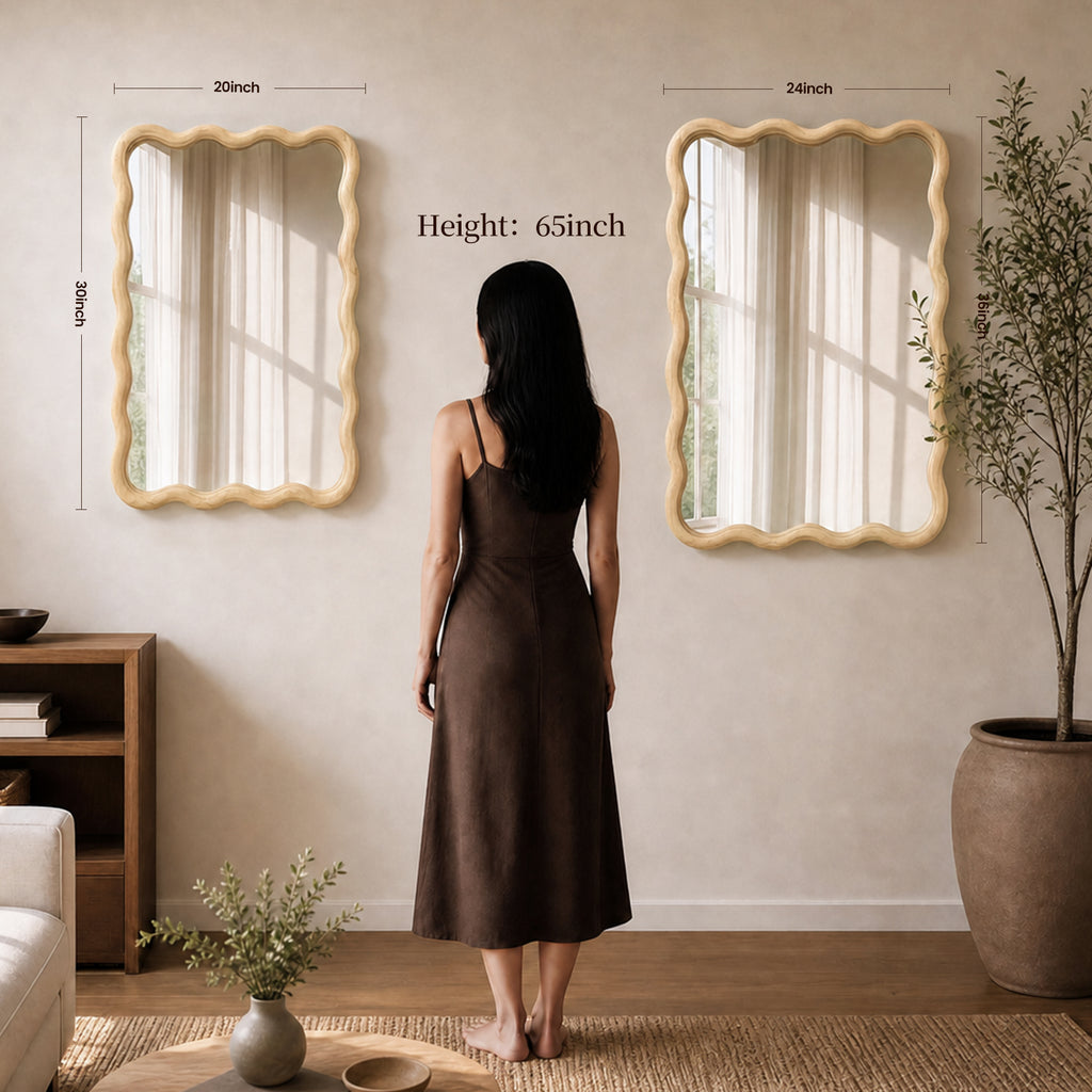 Natural Wood 20" x 30" Wavy Rectangle Solid Wood Wall Mirror for Bathroom, Bedroom & Entryway