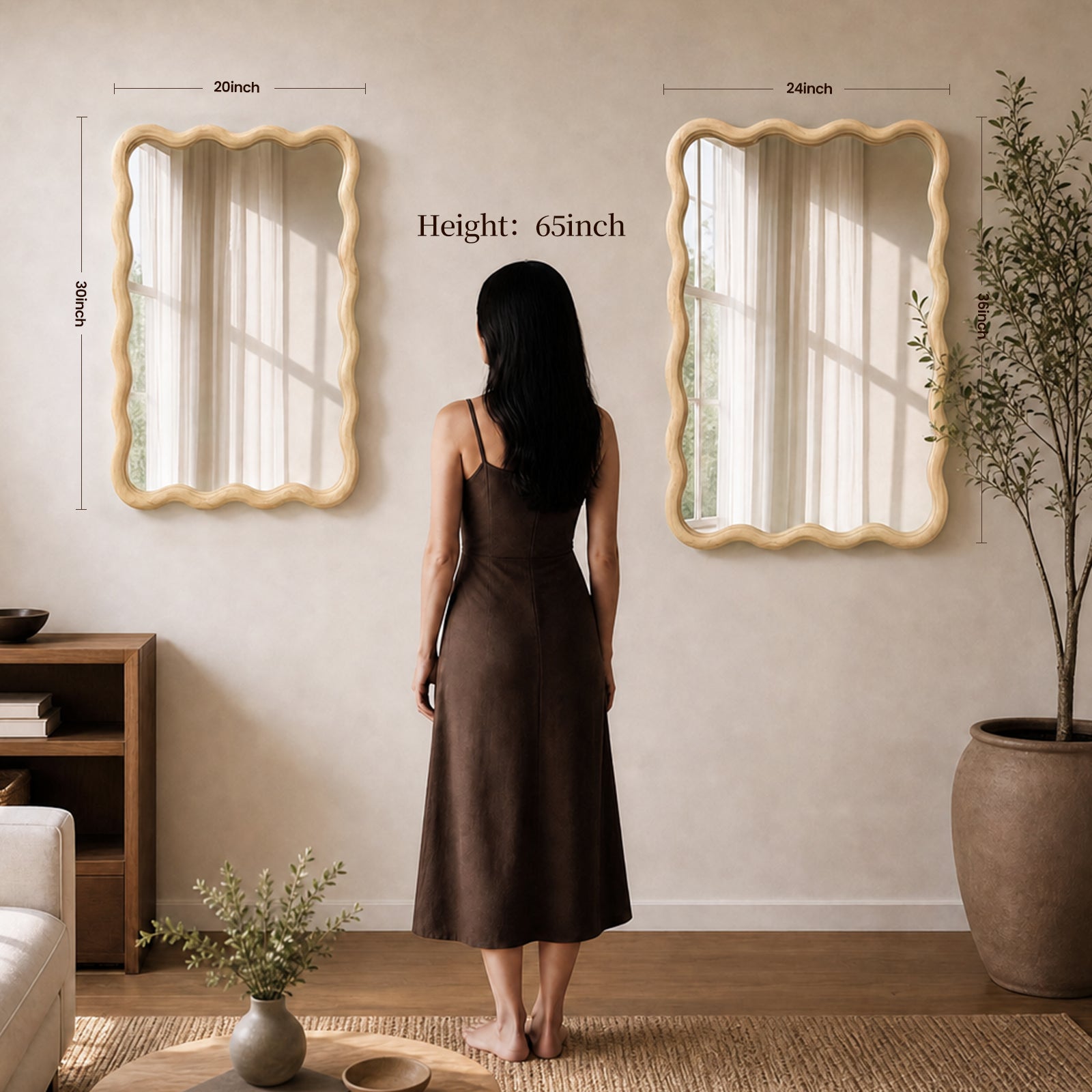 Natural Wood 20" x 30" Wavy Rectangle Solid Wood Wall Mirror for Bathroom, Bedroom & Entryway