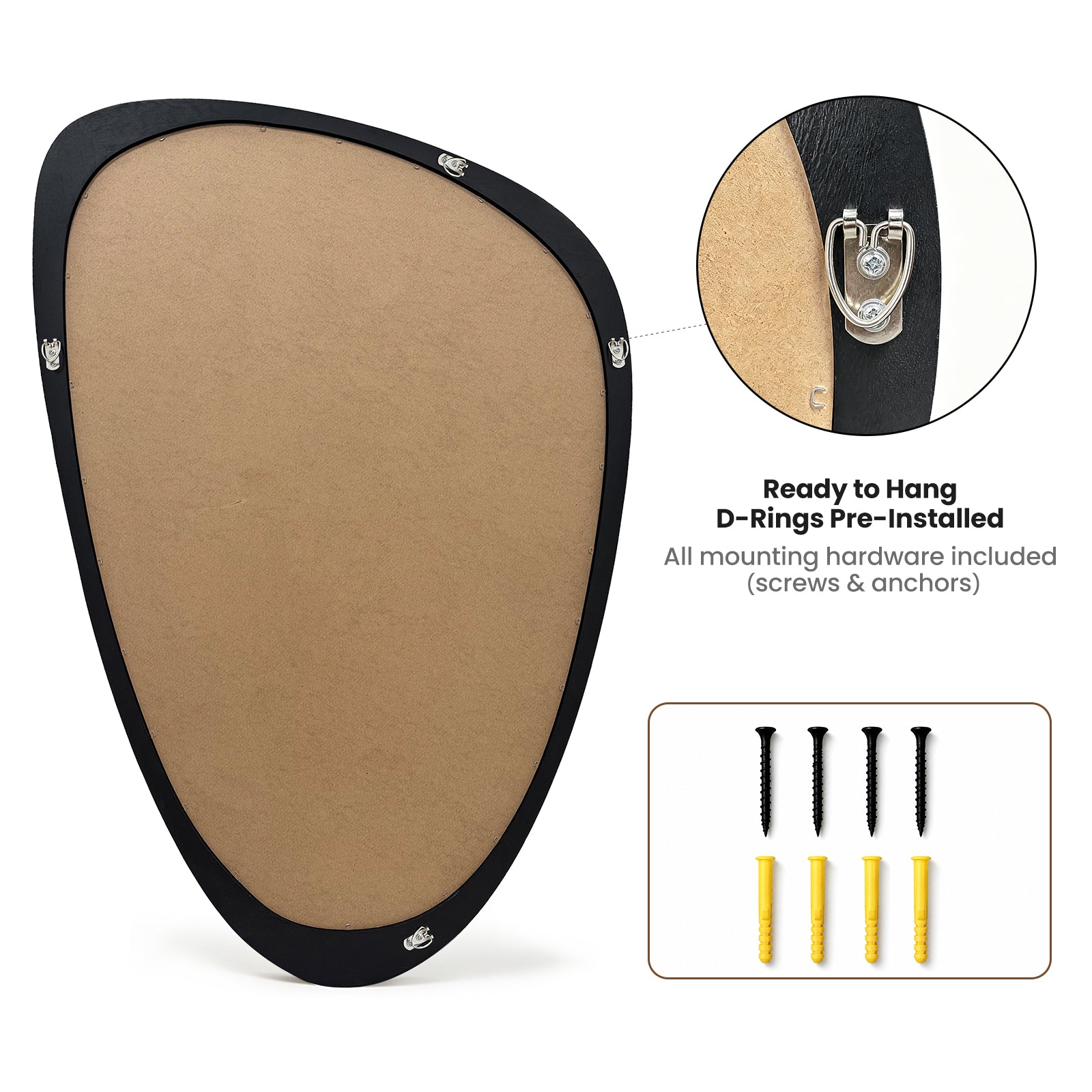 Organic Pebble Solid Wood Wall Mirror 30" x 20" Matte Black Asymmetric Accent Mirror