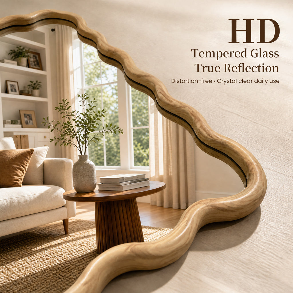 Natural Wood 20" x 30" Wavy Rectangle Solid Wood Wall Mirror for Bathroom, Bedroom & Entryway