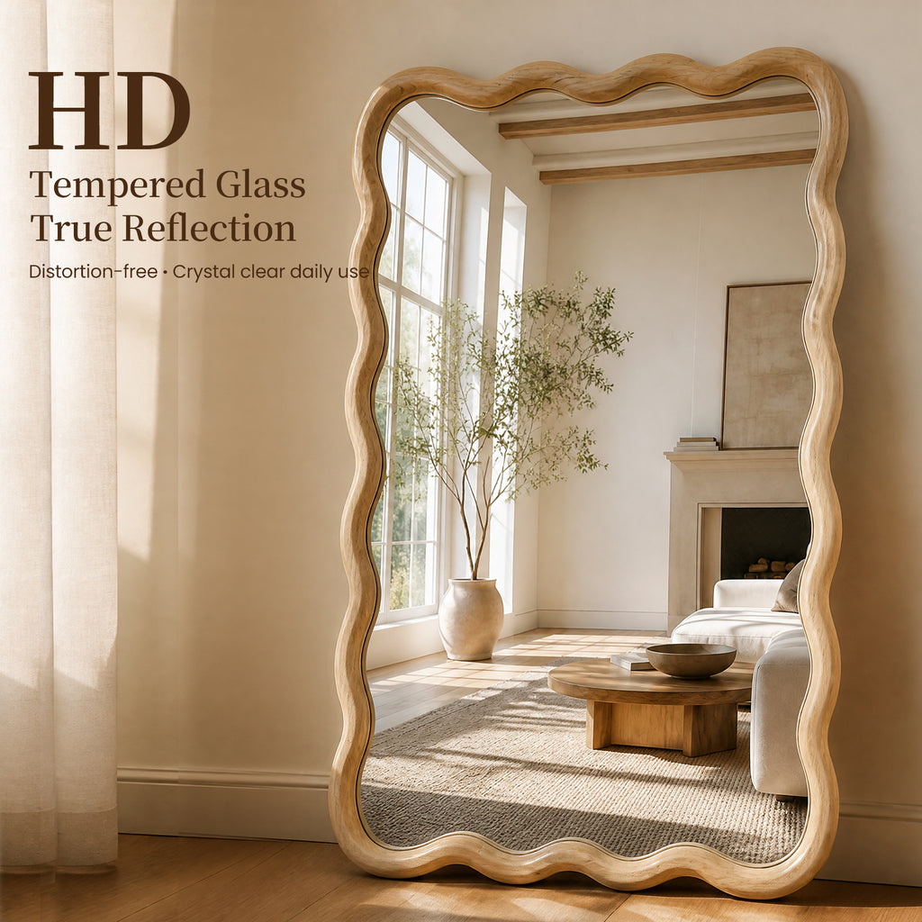 24"x36" Wavy Rectangle Solid Wood Frame Decorative Mirror - Natural Oak