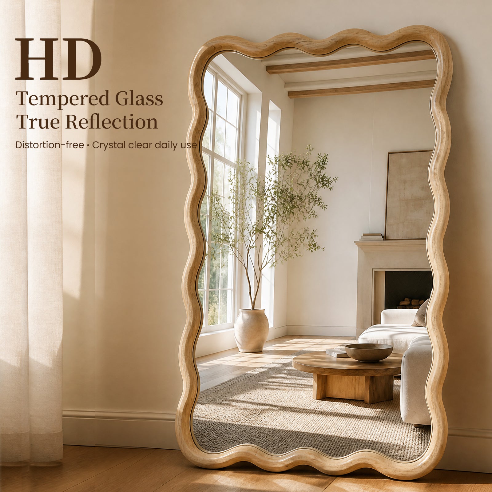 24"x36" Wavy Rectangle Solid Wood Frame Decorative Mirror - Natural Oak