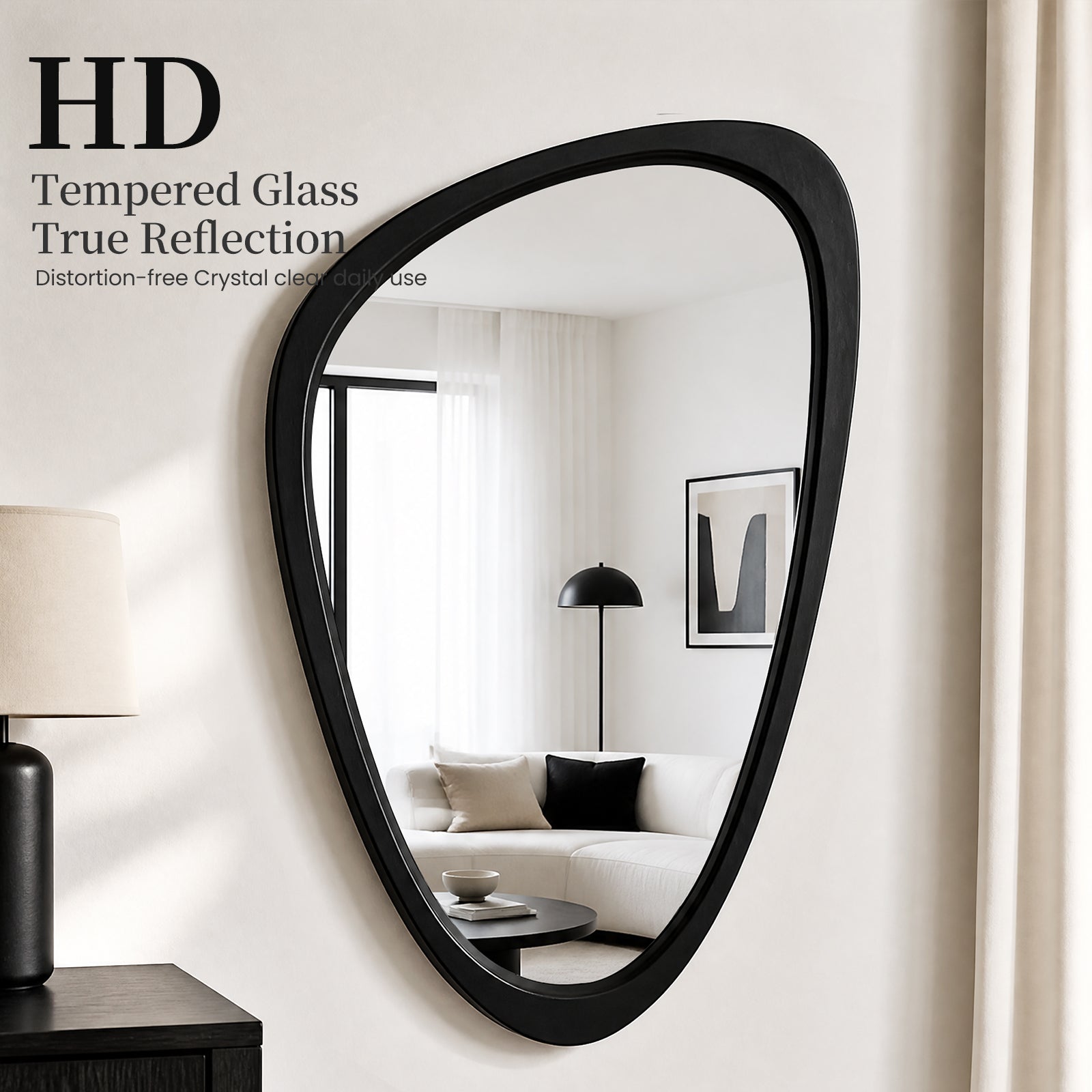 Organic Pebble Solid Wood Wall Mirror 30" x 20" Matte Black Asymmetric Accent Mirror