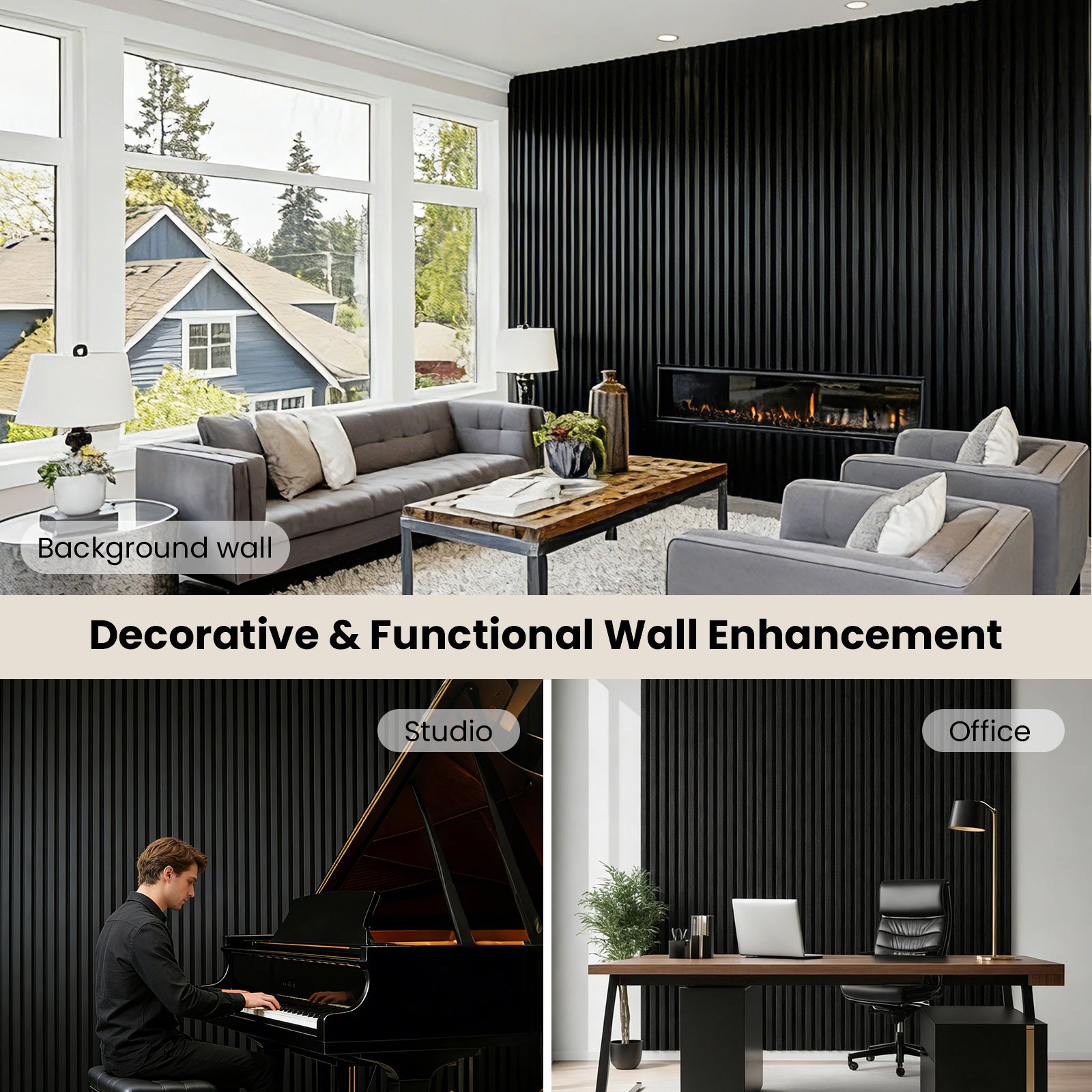 3D Fluted Wood Slat Acoustic Panels, 4-Pack Wall Ceiling Sound Absorbing Panels