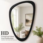 Mid-Century Modern Irregular Wall Mirror, Organic Asymmetrical Pebble Mirror with Black Solid Wood Frame (24" x 36")