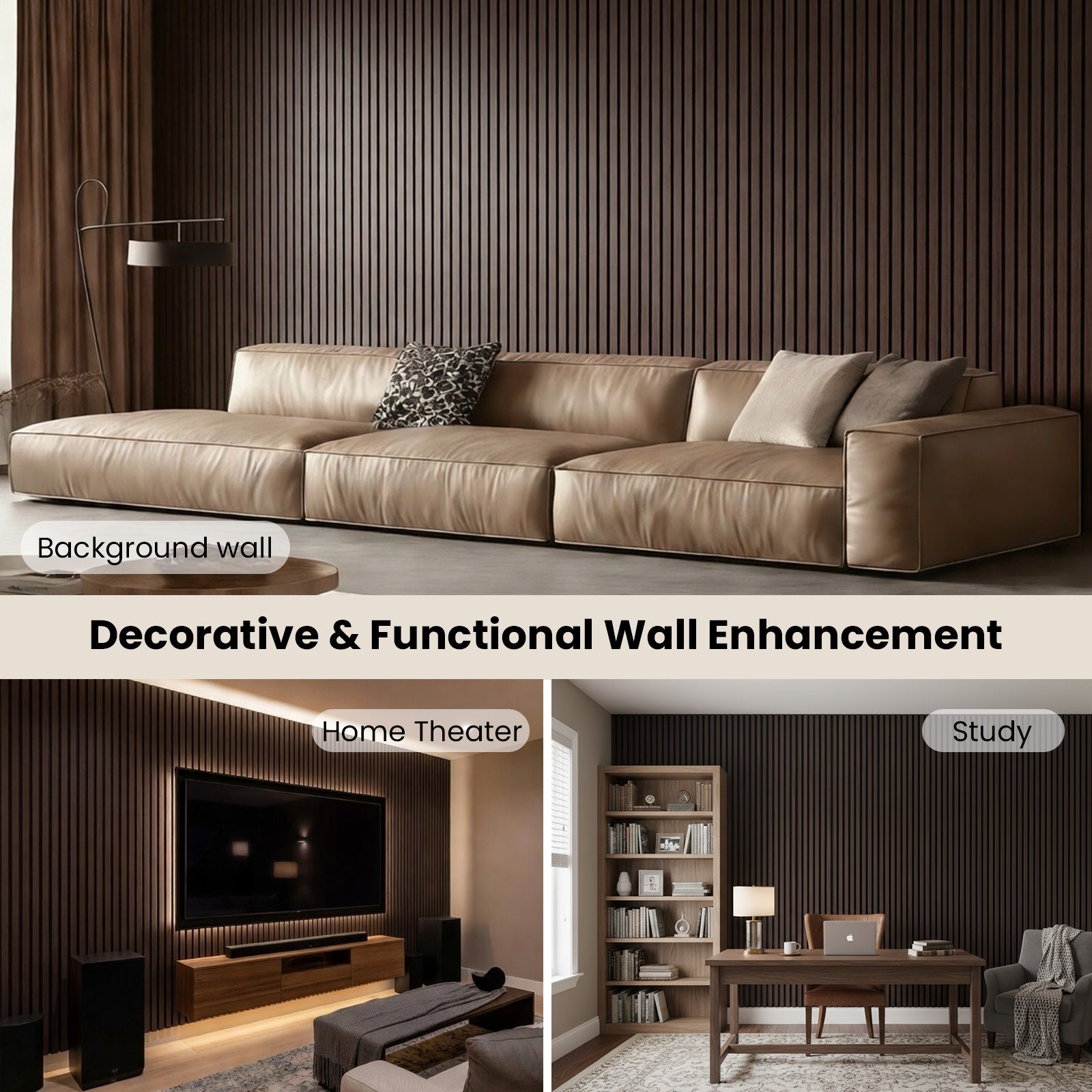 Dark Walnut Acoustic Wood Slat Wall Panels, 3D Fluted Sound Absorbing Panels for Home Theater Office