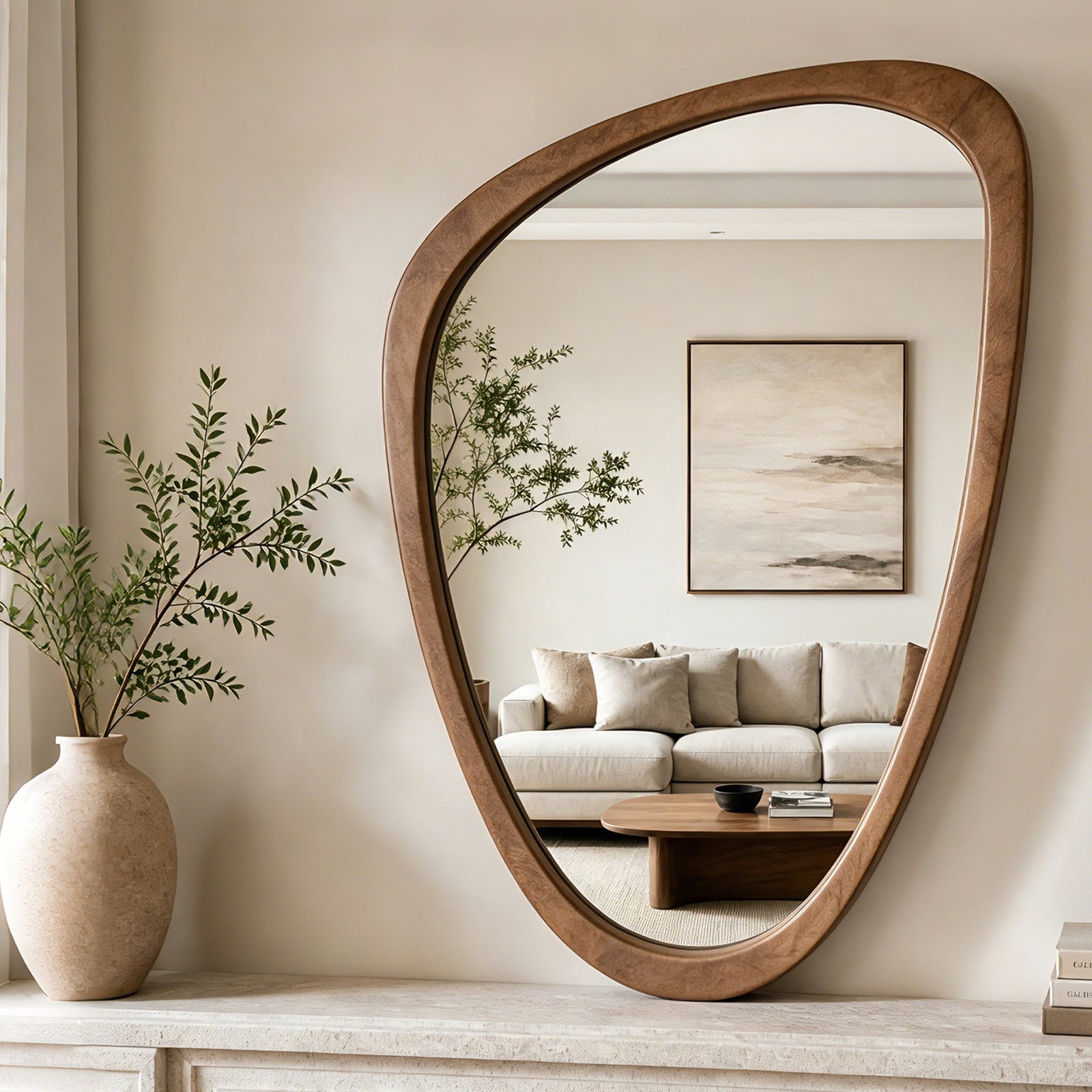 Organic Asymmetrical Solid Wood Wall Mirror in Warm Walnut Finish (30" x 20")