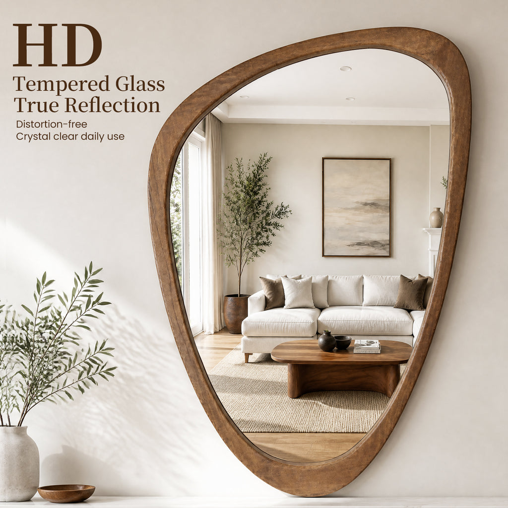 Irregular Solid Wood Wall Mirror, Asymmetrical Mid Century Modern Decorative Mirror for Entryway, Bedroom, Bathroom Vanity