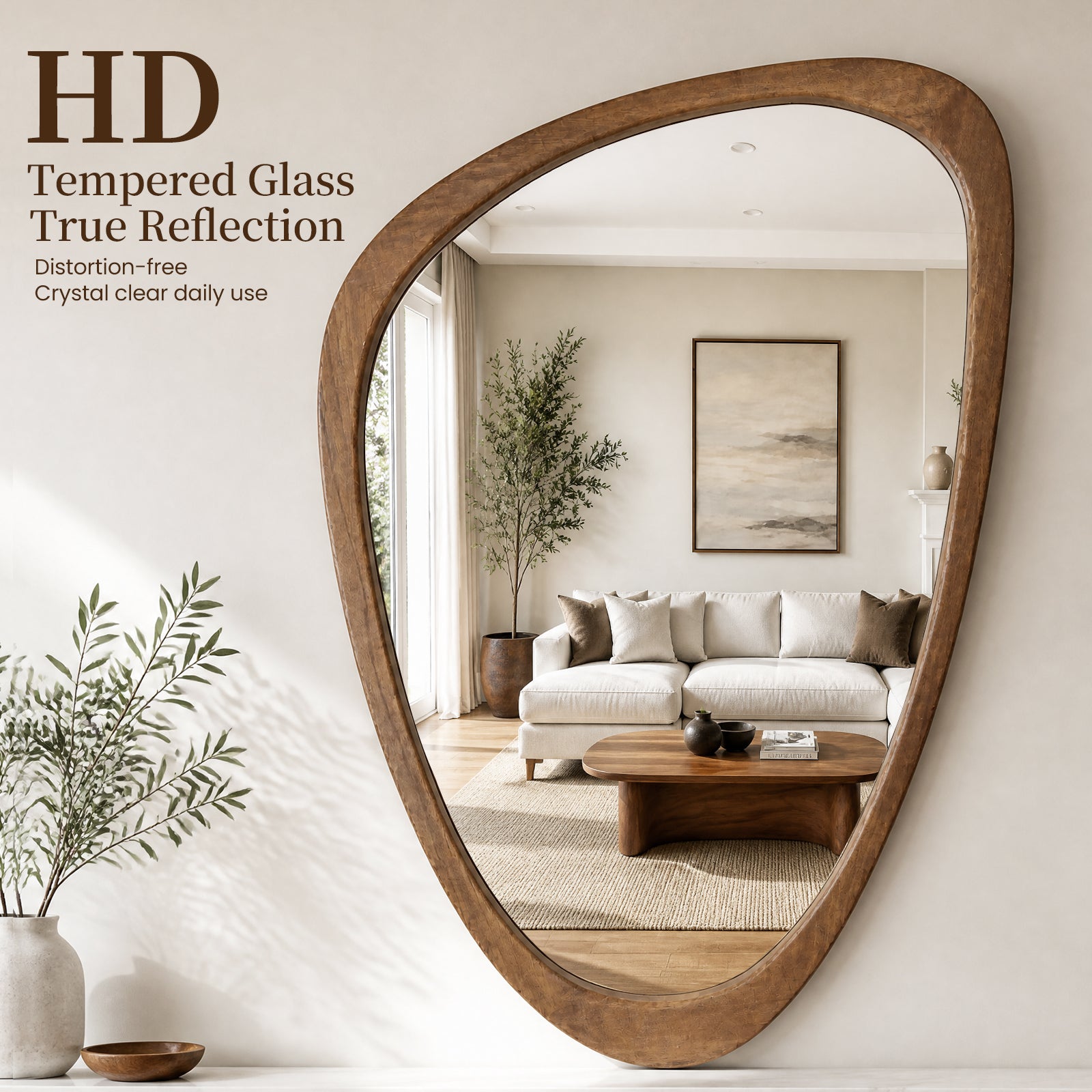 Irregular Solid Wood Wall Mirror, Asymmetrical Mid Century Modern Decorative Mirror for Entryway, Bedroom, Bathroom Vanity