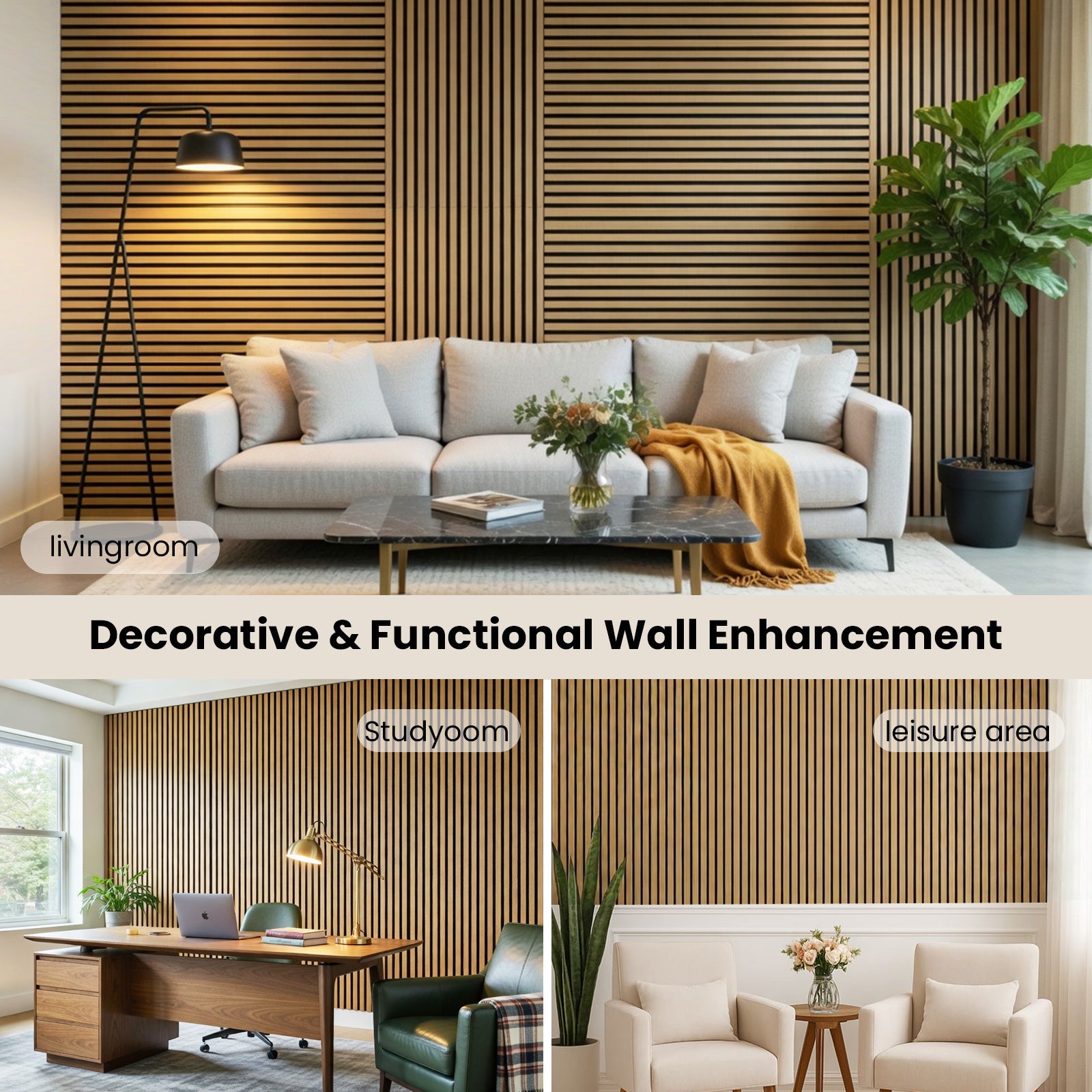 Oak Acoustic Slat Wood Wall Panels, 4-Pack 47.2” x 23.6”, Sound Absorbing Decorative Panels for Home Office Studio