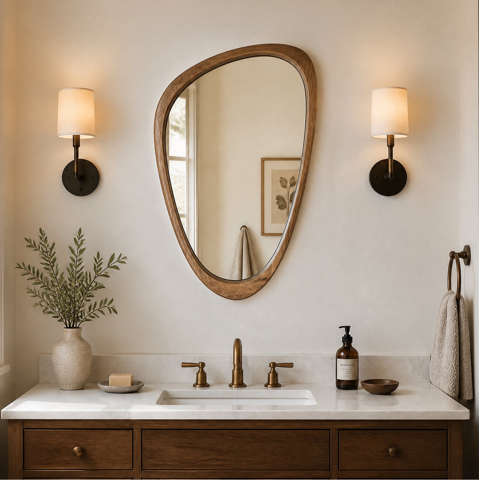 Organic Asymmetrical Solid Wood Wall Mirror in Warm Walnut Finish (30" x 20")