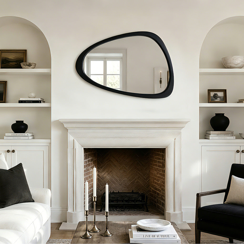 Mid-Century Modern Irregular Wall Mirror, Organic Asymmetrical Pebble Mirror with Black Solid Wood Frame (24" x 36")
