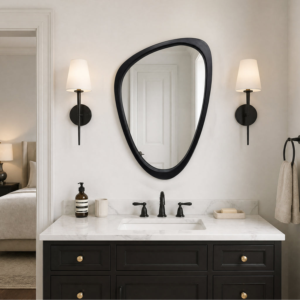 Organic Pebble Solid Wood Wall Mirror 30" x 20" Matte Black Asymmetric Accent Mirror