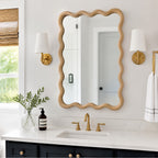 Natural Wood 20" x 30" Wavy Rectangle Solid Wood Wall Mirror for Bathroom, Bedroom & Entryway
