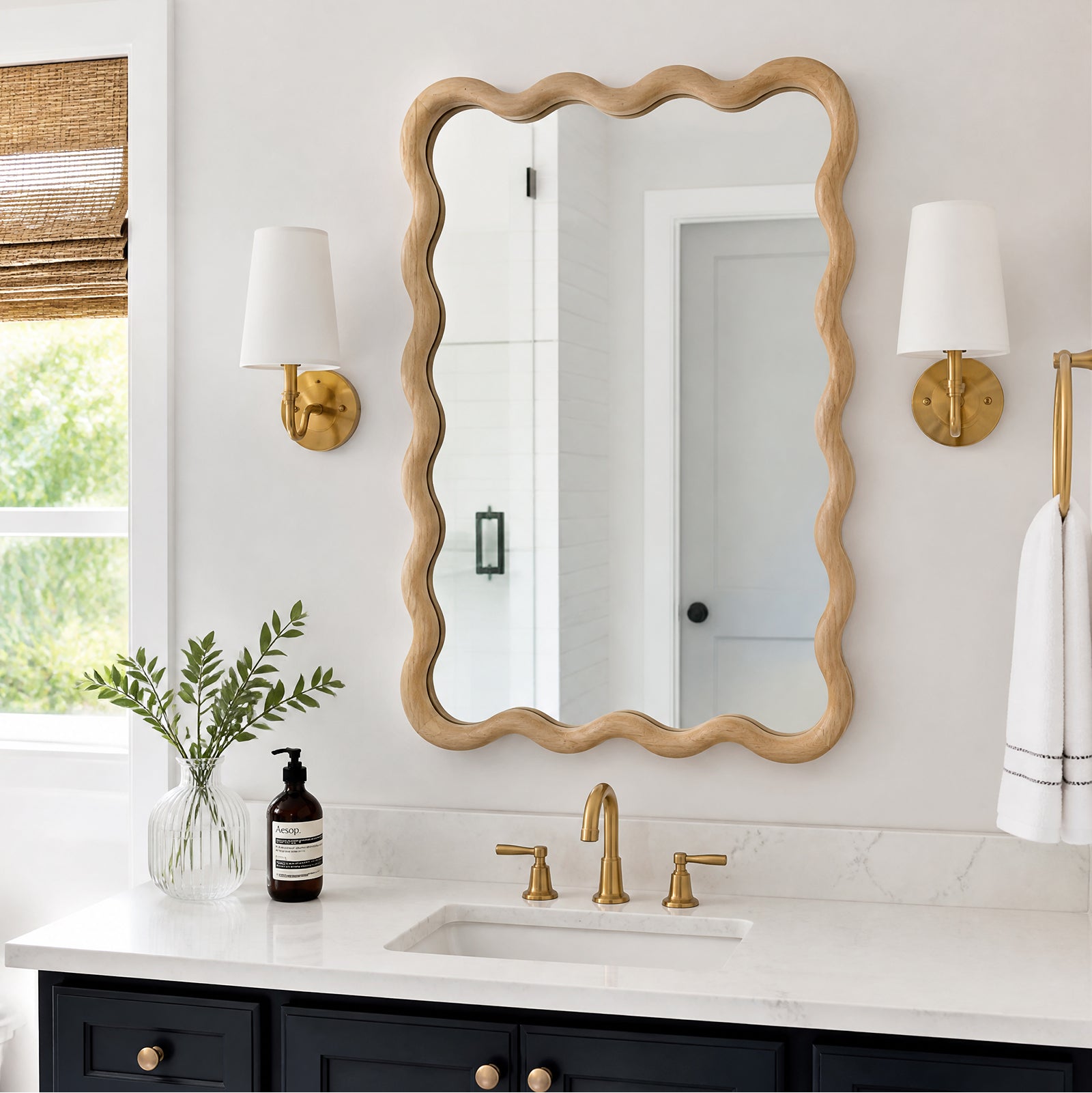 Natural Wood 20" x 30" Wavy Rectangle Solid Wood Wall Mirror for Bathroom, Bedroom & Entryway