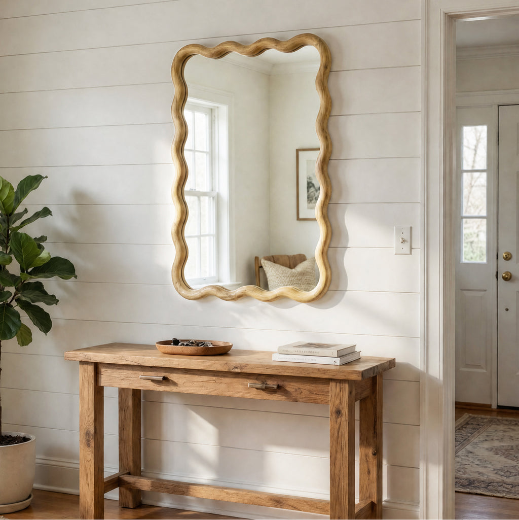 24"x36" Wavy Rectangle Solid Wood Frame Decorative Mirror - Natural Oak