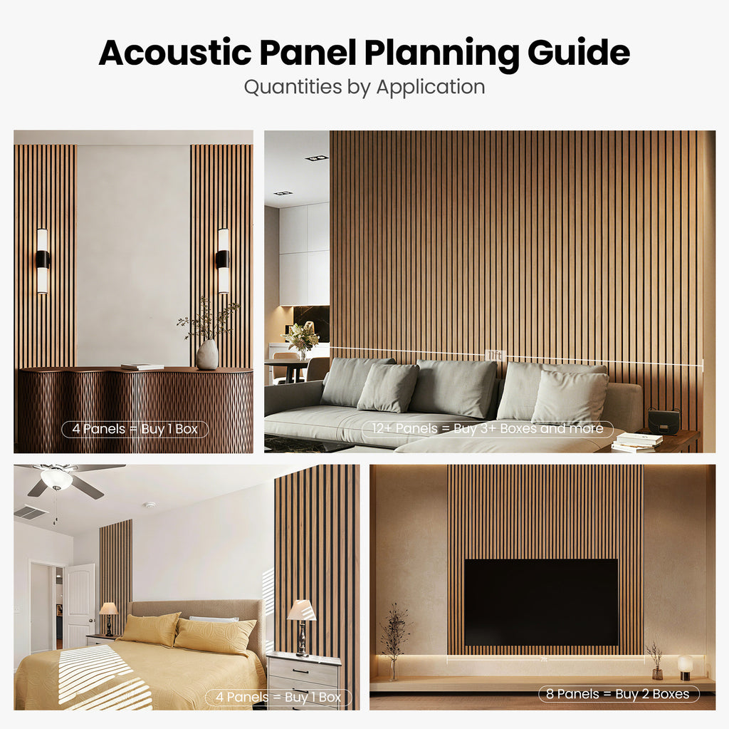 Acoustic Wood Slat Wall Panels, 4-Pack Walnut Finish, Noise Reduction for Home Office Studio