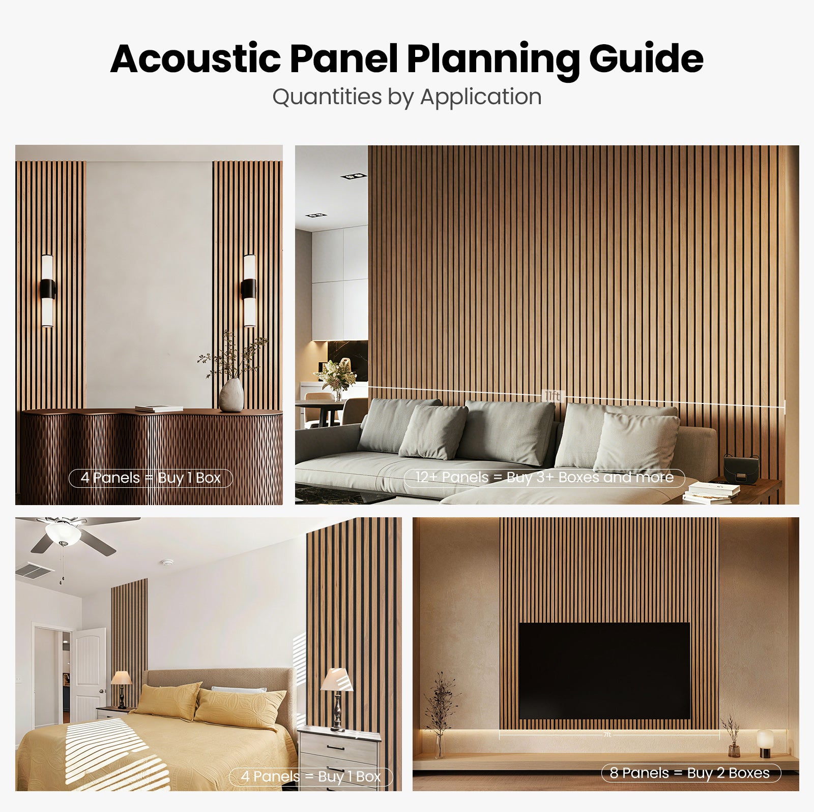 Acoustic Wood Slat Wall Panels, 4-Pack Walnut Finish, Noise Reduction for Home Office Studio