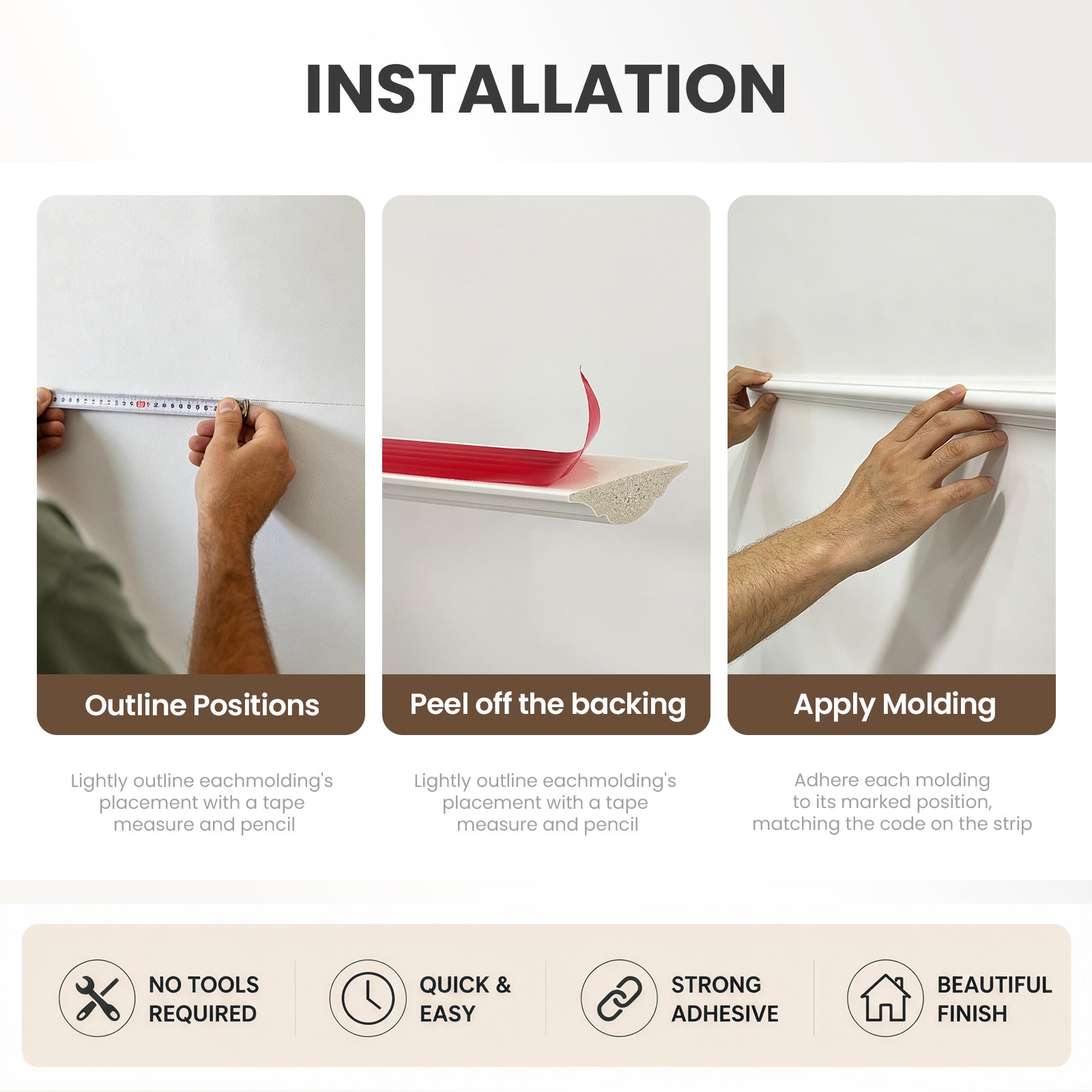 Pre-Cut Peel & Stick Wall Molding Kit for 12ft Accent Wall (Set of 6)