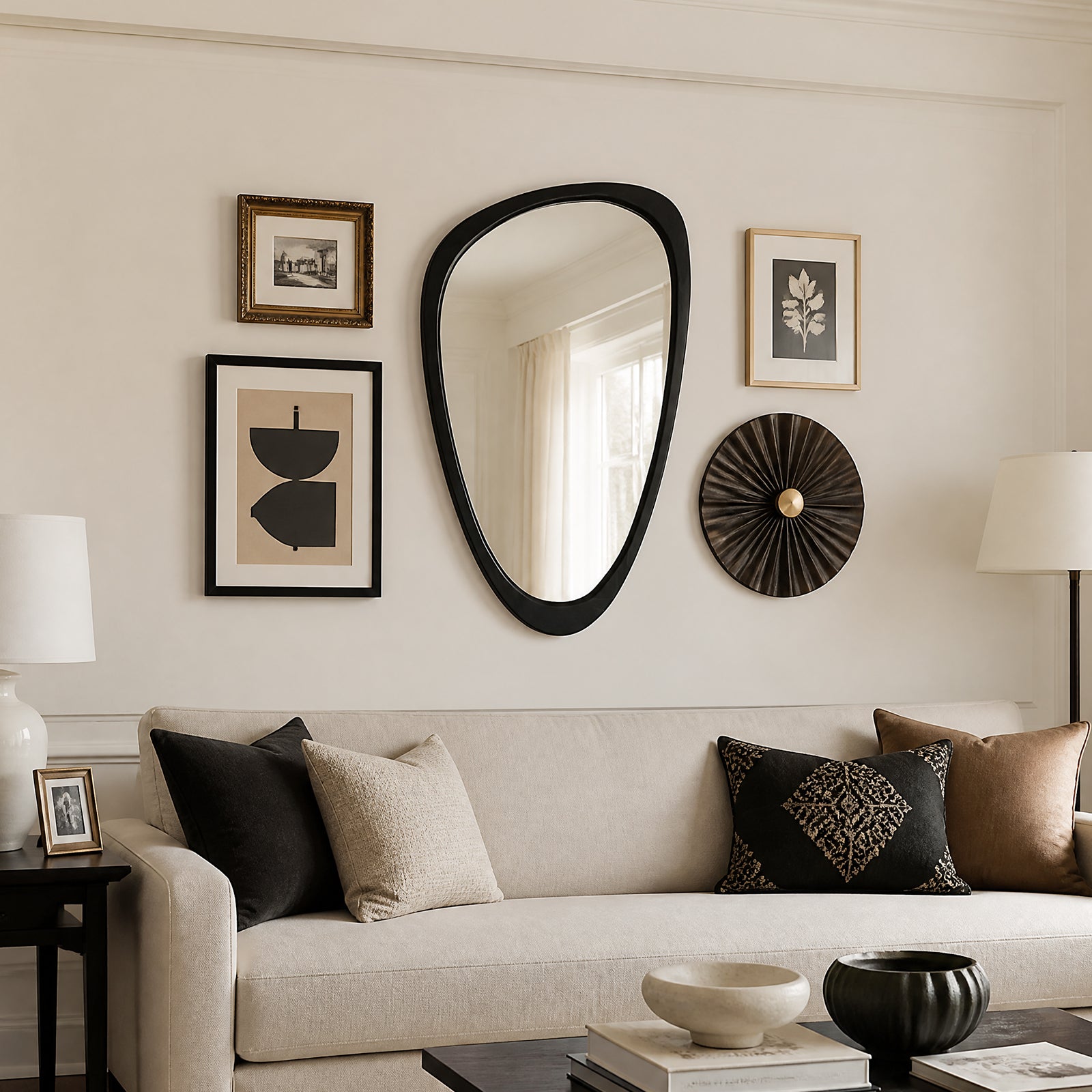 Mid-Century Modern Irregular Wall Mirror, Organic Asymmetrical Pebble Mirror with Black Solid Wood Frame (24" x 36")