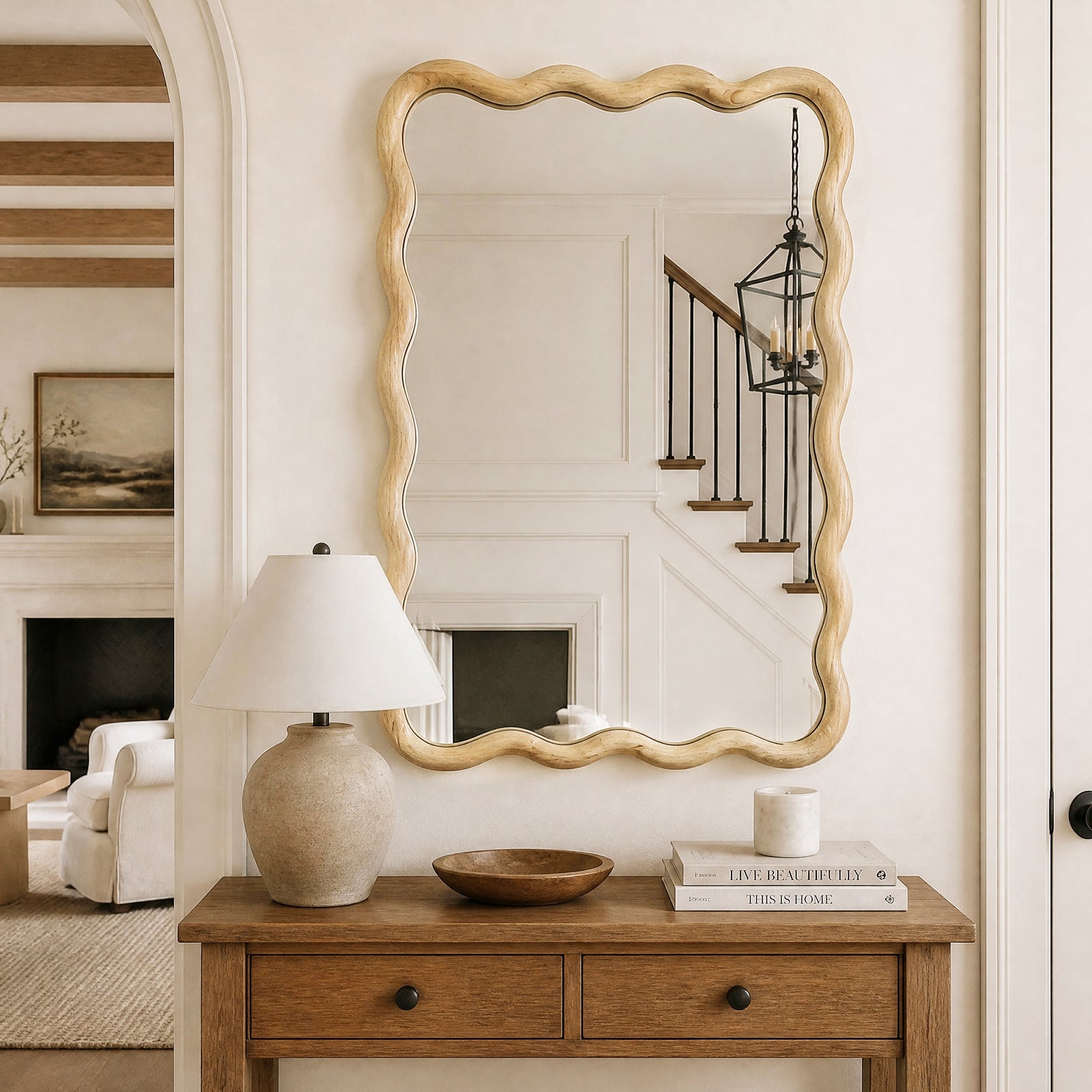24"x36" Wavy Rectangle Solid Wood Frame Decorative Mirror - Natural Oak